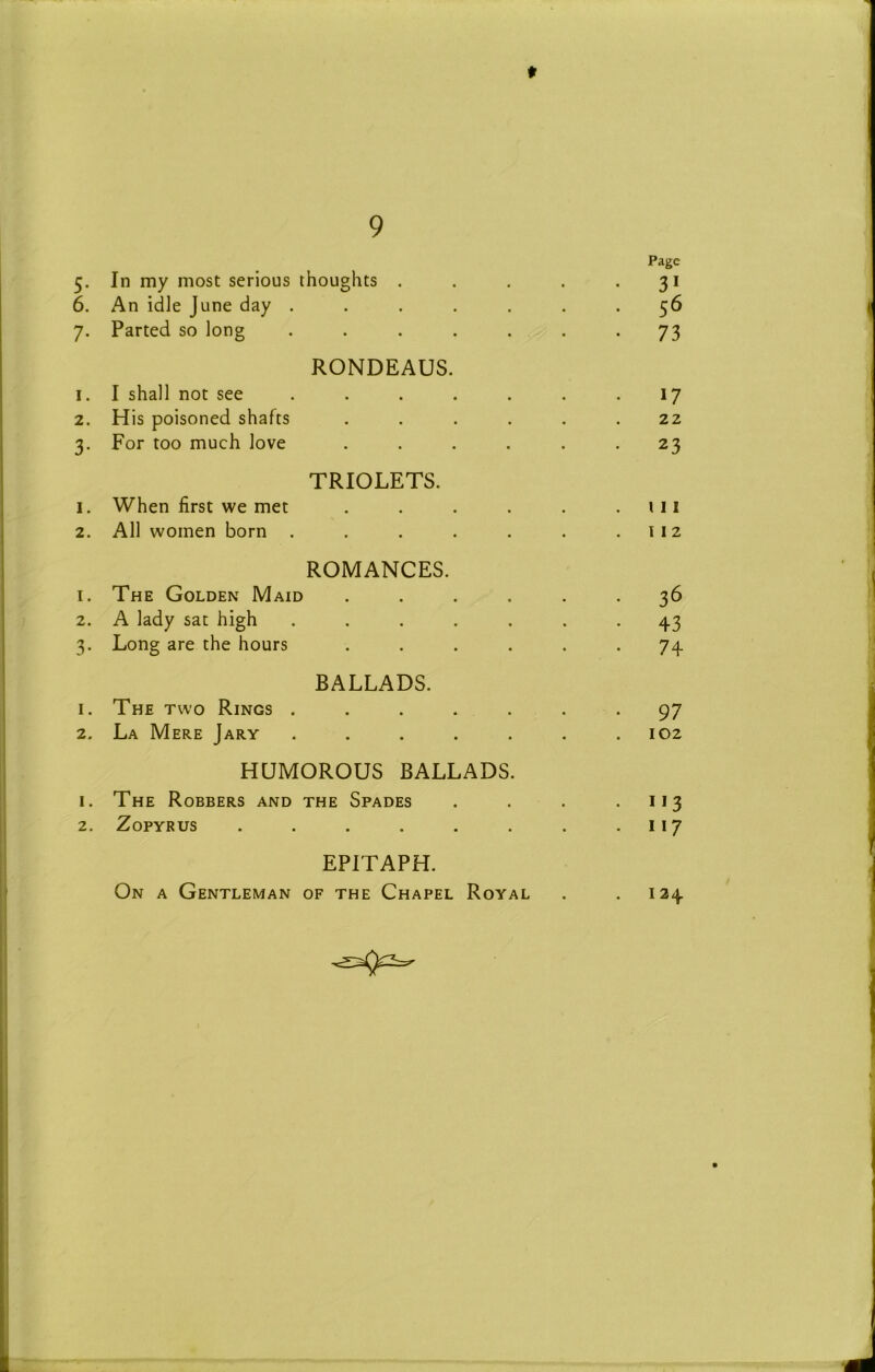 t 9 Page 5. In my most serious thoughts . . . . .31 6. An idle June day ....... 56 7. Parted so long ....... 73 RONDEAUS. 1. I shall not see . . . . . . .17 2. His poisoned shafts ...... 22 3. For too much love ...... 23 TRIOLETS. 1. When first we met . . . . . .111 2. All women born . . . . . . .112 ROMANCES. 1. The Golden Maid ...... 36 2. A lady sat high ....... 43 3. Long are the hours ...... 74 BALLADS. 1. The two Rings . . . . . . .97 2. La Mere Jary . . . . . . .102 HUMOROUS BALLADS. 1. The Robbers and the Spades . . . .113 2. ZopYRUs . . . . . . . .117 EPITAPH. On a Gentleman of the Chapel Royal . .124