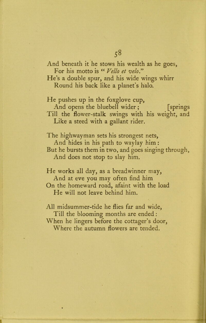 And beneath it he stows his wealth as he goes. For his motto is ‘‘ Velio et veloV He’s a double spur, and his wide wings whirr Round his back like a planet’s halo. He pushes up in the foxglove cup. And opens the bluebell wider; [springs Till the flower-stalk swings with his weight, and Like a steed with a gallant rider. The highwayman sets his strongest nets. And hides in his path to waylay him : But he bursts them in two, and goes singing through, And does not stop to slay him. He works all day, as a breadwinner may. And at eve you may often find him On the homeward road, afaint with the load He will not leave behind him. V All midsummer-tide he flies far and wide. Till the blooming months are ended; When he lingers before the cottager’s door, Where the autumn flowers are tended.