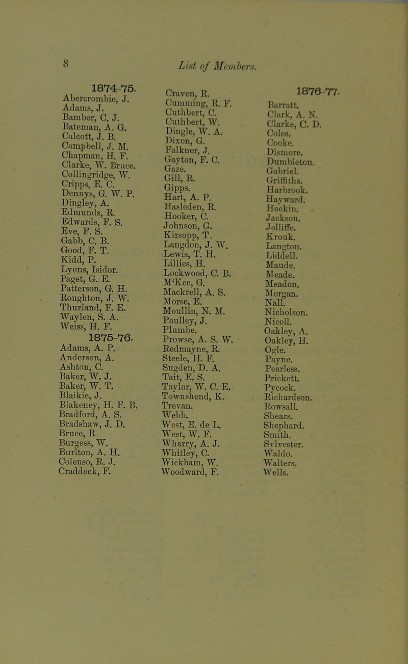 1874- 75. Abercrombie, J. Adams, J. Bamber, C. J. Bateman, A. G. Ciilcott, J. B. Campbell, J. M. Chapman, H. F. Clarke, W. Bruce. Collingridge, W. Cripps, E. C. Dennys, G. W. P. Dingley, A. Edmunds, R. Edwards, F. S. Eve, F. S. Gabb, C. B. Good, F. T. Kidd, P. Lyons, Isidor. Paget, G. E. Patterson, G. H. Roughton, J. W. Thurland, F. E. Waylen, S. A. Weiss, H. F. 1875- 76. Adams, A. P. Anderson, A. Ashton, C. Baker, W. J. Baker, W. T. Blaikie, J. Blakeney, H. F. B. Bradford, A. S. Bradshaw, J. D. Bruce, R Burgess, W. Burlton, A. H. Colenso, R. .J. Craddock, F. List of Members. Craven, R. Cumming, R. F. Cuthbert, C. Cuthbert, W. Dingle, W. A. Dixon,G. Falkner, J. Gayton, F. C. Gaze. Gill, R. Gipps. Hart, A. P. Hasleden, R. Hooker, C. Johnson, G. Kirsopp, T. Langdon, J. W. Lewis, T. H. Lillies, H. Lockwood, C. B. M‘Kee, G. Mackrell, A. S. Morse, E. Moullin, N. M. Paulley, J. Plumbe. Prowse, A. S. W. Redmayne, R. Steele, H. F. Sugden, D. A. Tait, E. S. Taylor, W. C. E. Townshend, K. Trevan. Webb. West, E. de L. West, W. F. Wharry, A. J. Whitley, C. Wickham, W. Woodward, F. 1870 77- Barratt. Clark, A. N. Clarke, C. D. Coles. Cooke. Dismore. Dumbletcn. Gabriel. Grilfilhs. Harbrook. Hayward. Hoekin. Jackson. Jolliffe. Krouk. Langton. Liddell. Maude. Meade. Meadon. Morgan. Nall. Nicholson. Nicoll. Oakley, A. Oakley, U. Ogle. Payne. Pearless. Prickett. Pycock. Richardson. Rowsall. Shears. Shephard. Smith. Sylvester. Waldo. Walters. Wells.