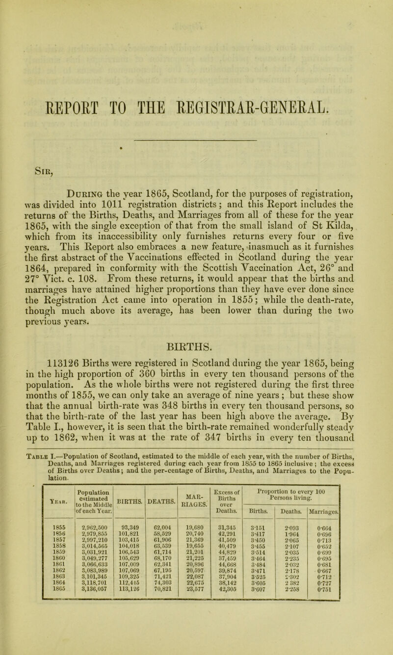 Sir, During the year 1865, Scotland, for the purposes of registration, was divided into 1011 registration districts ; and this Report includes the returns of the Births, Deaths, and Marriages from all of these for the year 1865, with the single exception of that from the small island of St Kilda, which from its inaccessibility only furnishes returns every four or five years. This Report also embraces a new feature, inasmuch as it furnishes the first abstract of the Vaccinations effected in Scotland during the year 1864, prepared in conformity with the Scottish Vaccination Act, 26° and 27° Viet. c. 108. From these returns, it would appear that the births and marriages have attained higher proportions than they have ever done since the Registration Act came into operation in 1855; while the death-rate, though much above its average, has been lower than during the two previous years. BIRTHS, 113126 Births were registered in Scotland during the year 1865, being in the high proportion of 360 births in every ten thousand persons of the population. As the whole births were not registered during the first three months of 1855, we can only take an average of nine years ; but these show that the annual birth-rate was 348 births in every ten thousand persons, so that the birth-rate of the last year has been high above the average. By Table I., however, it is seen that the birth-rate remained wonderfully steady up to 1862, when it was at the rate of 347 births in every ten thousand Table I.—Population of Scotland, estimated to the middle of each year, with the number of Births, Deaths, and Marriages registered during each year from 1855 to 1865 inclusive ; the excess of Births over Deaths; and the per-centage of Births, Deaths, and Marriages to the Popu- lation. Year. Population estimated to the Middle of each Ycar. BIRTHS. DEATHS. MAR- RIAGES. Excess of Births over Deaths. Proportion to every 100 Persons living. Births. Deaths. Marriages. 1855 2,962,500 93,349 62,004 19,680 31,345 3T5L 2-093 0-664 1856 2,979,855 101,821 58,529 20,740 42,291 3-417 1-964 0-696 1857 2,997,210 103,415 61,906 21,369 41,509 3-450 2-065 0-713 1858 3,014,565 104,018 63,539 19,655 40,479 3-455 2-107 0-652 1859 3,031,921 106,543 61,714 21,201 44,829 3-514 2-035 0-699 18C0 3,049,277 105,629 68,170 21,225 37,459 3-464 2-235 0-695 18GI 3,066,633 107,009 62,341 20,896 44,668 3-484 2-032 0681 1862 3,083,989 107,069 67,195 20,597 39,874 3-471 2T78 0-667 1863 3,101,345 109,325 71,421 22,087 37,904 3 525 2-302 0-712 1864 3,118,701 112,415 74,303 22,675 38,142 3-C05 2 382 0-727 18G5 3,136,057 113,126 70,821 23,577 42,305 3-607 2-258 0-751