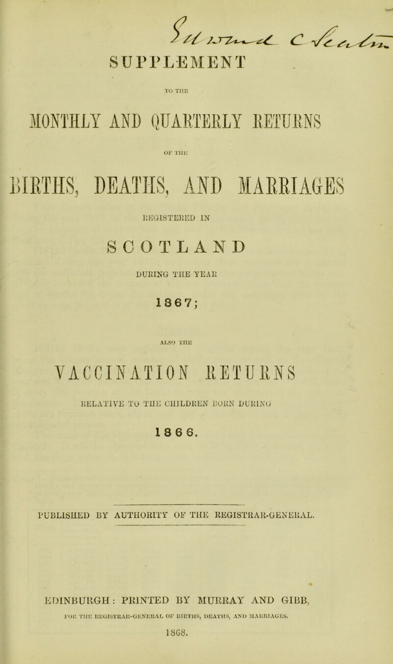 SU PP LEMEN T TO THIS OT Tllli REGISTEKED IN SCOTLAND DURING THE YEAR 1867; ALSO THE RELATIVE TO THE CHILDREN LORN DURING 18 6 6. PUBLISHED BY AUTHORITY OE THE REGISTRAR-GENERAL. EDINBURGH: PRINTED BY MURRAY AND GIBB, FOR Till; REGISTRAR-GENERAL OF BIRTHS, DEATHS, AND MARRIAGES. ISGS.