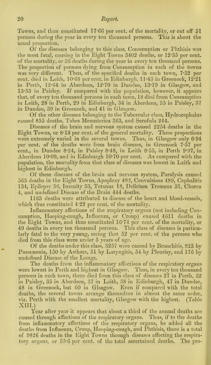 Towns, and thus constituted 17*60 per cent, of the mortality, or cut off 51 persons during the year in every ten thousand persons. This is about the usual proportion. Of the diseases belonging to this class, Consumption or Phthisis was the most fatal, causing in the Eight Towns 3402 deaths, or 12*35 per cent, of the mortality, or 3G deaths during the year in every ten thousand persons. 'The proportion of persons dying from Consumption in each of the towns was very different. Thus, of the specified deaths in each town, 7*32 per cent, died in Leith, 10*G8 percent, in Edinburgh, 11*43 in Greenock, 12*21 in Perth, 12*G4 in Aberdeen, 12*70 in Dundee, 13*19 in Glasgow, and 13*53 in Paisley. If compared with the population, however, it appears that, of every ten thousand persons in each town, 18 died from Consumption in Leith, 28 in Perth, 29 in Edinburgh, 34 in Aberdeen, 35 in Paisley, 37 in Dundee, 39 in Greenock, and 41 in Glasgow. Of the other diseases belonging to the Tubercular class, Hydrocephalus caused 855 deaths, Tabes Mesenterica 363, and Scrofula 244. Diseases of the brain and nervous system caused 2254 deaths in the Eight Towns, or 8*18 per cent, of the general mortality. These proportions were extremely varied in the several towns. Thus, in Glasgow only 6*94 per cent, of the deaths were from brain diseases, in Greenock 7*57 per cent., in Dundee 8*24, in Paisley 8*48, in Leith 8*55, in Perth 9*97, in Aberdeen 10*09, and in Edinburgh 10*70 per cent. As compared with the population, the mortality from that class of diseases was lowest in Leith and highest in Edinburgh. o o Of these diseases of the brain and nervous system, Paralysis caused 563 deaths in the Eight Towns, Apoplexy 482, Convulsions 489, Cephalitis 134, Epilepsy 56, Insanity 33, Tetanus 18, Delirium Tremens 31, Chorea 4, and undefined Disease of the Brain 444 deaths. 1163 deaths were attributed to disease of the heart and blood-vessels, which thus constituted 4*22 per cent, of the mortality. Inflammatory affections of the respiratory organs (not including Con- sumption, Hooping-cough, Influenza, or Croup) caused 4611 deaths in the Eight Towns, and thus constituted 16*74 per cent, of the mortality, or 49 deaths in every ten thousand persons. This class of diseases is particu- larly fatal to the very young, seeing that 52 per cent, of the persons who died from this class were under 5 years of age. Of the deaths under this class, 3257 were caused by Bronchitis, 923 by Pneumonia, 150 by Asthma, 51 by Laryngitis, 54 by Pleurisy, and 176 by undefined Disease of the Lungs. The deaths from the inflammatory affections of the respiratory organs were lowest in Perth and highest in Glasgow. Tims, in every ten thousand persons in each town, there died from this class of diseases 27 in Perth, 32 in Paisley, 35 in Aberdeen, 37 in Leith, 38 in Edinburgh, 47 in Dundee, 48 in Greenock, but 60 in Glasgow. Even if compared with the total deaths, the several towns arrange themselves in almost the same order, viz. Perth with the smallest mortality, Glasgow with the highest. (Table XIII.) Year after year it appears that about a third of the annual deaths are caused through affections of the respiratory organs. Thus, if to the deaths from inflammatory affections of the respiratory organs, be added all the deaths from Influenza, Croup, Hooping-cough, and Phthisis, there is a total of 9826 deaths in the Eight Towns through diseases affecting the respira- tory organs, or 35*6 per cent, of the total ascertained deaths. The pro-