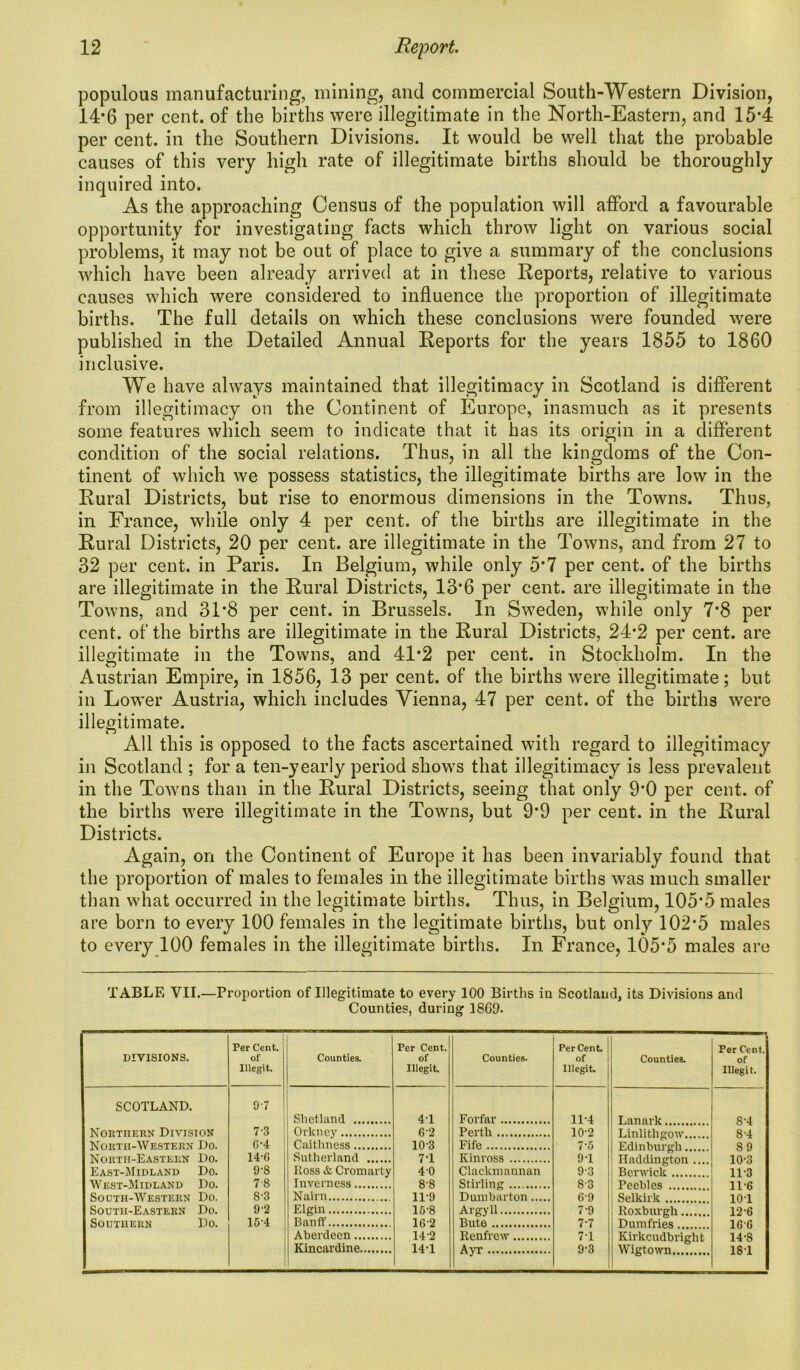 populous manufacturing, mining, and commercial South-Western Division, 14*6 per cent, of the births were illegitimate in the North-Eastern, and 15*4 per cent, in the Southern Divisions. It would be well that the probable causes of this very high rate of illegitimate births should be thoroughly inquired into. As the approaching Census of the population will afford a favourable opportunity for investigating facts which throw light on various social problems, it may not be out of place to give a summary of the conclusions which have been already arrived at in these Reports, relative to various causes which were considered to influence the proportion of illegitimate births. The full details on which these conclusions were founded were published in the Detailed Annual Reports for the years 1855 to 1860 inclusive. We have always maintained that illegitimacy in Scotland is different from illegitimacy on the Continent of Europe, inasmuch as it presents some features which seem to indicate that it has its origin in a different condition of the social relations. Thus, in all the kingdoms of the Con- tinent of which we possess statistics, the illegitimate births are low in the Rural Districts, but rise to enormous dimensions in the Towns. Thus, in France, while only 4 per cent, of the births are illegitimate in the Rural Districts, 20 per cent, are illegitimate in the Towns, and from 27 to 32 per cent, in Paris. In Belgium, while only 5*7 per cent, of the births are illegitimate in the Rural Districts, 13*6 per cent, are illegitimate in the Towns, and 31*8 per cent, in Brussels. In Sweden, while only 7*8 per cent, of the births are illegitimate in the Rural Districts, 24*2 per cent, are illegitimate in the Towns, and 41*2 per cent, in Stockholm. In the Austrian Empire, in 1856, 13 per cent, of the births were illegitimate; but in Lower Austria, which includes Vienna, 47 per cent, of the births were illegitimate. All this is opposed to the facts ascertained with regard to illegitimacy in Scotland ; for a ten-yearly period shows that illegitimacy is less prevalent in the Towns than in the Rural Districts, seeing that only 9*0 per cent, of the births were illegitimate in the Towns, but 9*9 per cent, in the Rural Districts. Again, on the Continent of Europe it has been invariably found that the proportion of males to females in the illegitimate births was much smaller than what occurred in the legitimate births. Thus, in Belgium, 105*5 males are born to every 100 females in the legitimate births, but only 102*5 males to every 100 females in the illegitimate births. In France, 105*5 males are TABLE VII.—Proportion of Illegitimate to every 100 Births in Scotland, its Divisions and Counties, during 18G9- DIVISIONS. Per Cent, of Illegit. Counties. Per Cent, of Illegit. Counties. PerCent of 1 Illegit Counties. Per Cent, of Illegit. SCOTLAND. Northern Division North-Western Do. North-Eastern Do. East-Midland Do. West-Midland Do. Sooth-Western Do. South-Eastern Do. Southern Do. 07 7- 3 G-4 14- G 9-8 78 8- 3 9- 2 15- 4 Shetland Orkney Caithness Sutherland Ross & Cromarty Inverness Nairn Elgin Banff Aberdeen Kincardine 41 6-2 10- 3 7- 1 4 0 8- 8 11- 9 15-8 162 142 14T Forfar Perth Fife Kinross Clackmannan Stirling Dumbarton Argyll Bute Renfrew Ayr 11*4 10-2 7‘5 91 93 8 3 6- 9 7- 9 7-7 7-1 9-3 Lanark Linlithgow Edinburgh Haddington .... Berwick Peebles Selkirk Roxburgh Dumfries Kirkcudbright Wigtowm S-4 8 4 89 10- 3 11- 3 11-6 101 12'6 16'6 14-8 181