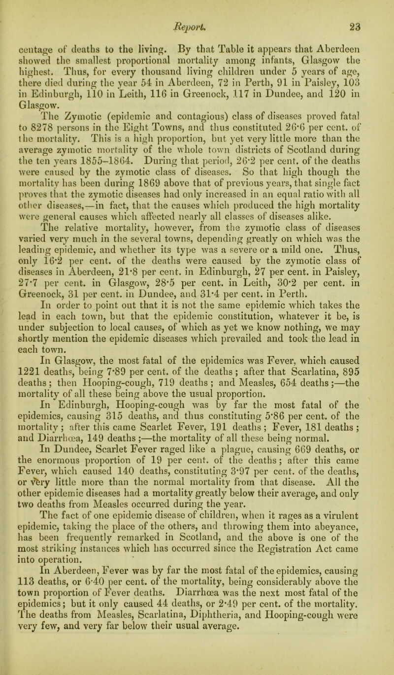 centage of deaths to the living. By that Table it appears that Aberdeen showed the smallest proportional mortality among infants, Glasgow the highest. Thus, for every thousand living children under 5 years of age, there died during the year 54 in Aberdeen, 72 in Perth, 91 in Paisley, 103 in Edinburgh, 110 in Leith, 116 in Greenock, 117 in Dundee, and 120 in Glasgow. The Zymotic (epidemic and contagious) class of diseases proved fatal to 8278 persons in the Eight Towns, and thus constituted 26*6 per cent, of the mortality. This is a high proportion, but yet very little more than the average zymotic mortality of the whole town districts of Scotland during the ten years 1855-1864. During that period, 26‘2 per cent, of the deaths were caused by the zymotic class of diseases. So that high though the mortality has been during 1869 above that of previous years, that single fact proves that the zymotic diseases had only increased in an equal ratio with all other diseases,—in fact, that the causes which produced the high mortality were general causes which affected nearly all classes of diseases alike. The relative mortality, however, from the zymotic class of diseases varied very much in the several towns, depending greatly on which was the leading epidemic, and whether its type was a severe or a mild one. Thus, only 16*2 per cent, of the deaths were caused by the zymotic class of diseases in Aberdeen, 21*8 per cent, in Edinburgh, 27 per cent, in Paisley, 27*7 per cent, in Glasgow, 28*5 per cent, in Leith, 30*2 per cent, in Greenock, 31 per cent, in Dundee, and 31*4 per cent, in Perth. In order to point out that it is not the same epidemic which takes the lead in each town, but that the epidemic constitution, whatever it be, is under subjection to local causes, of which as yet we know nothing, we may shortly mention the epidemic diseases which prevailed and took the lead in each town. In Glasgow, the most fatal of the epidemics was Fever, wdiich caused 1221 deaths, being 7*89 per cent, of the deaths ; after that Scarlatina, 895 deaths; then Hooping-cough, 719 deaths; and Measles, 654 deaths;—the mortality of all these being above the usual proportion. In Edinburgh, Hooping-cough v^as by far the most fatal of the epidemics, causing 315 deaths, and thus constituting 5*86 per cent, of the mortality; after this came Scarlet Fever, 191 deaths; Fever, 181 deaths ; and Diarrhoea, 149 deaths ;—the mortality of all these being normal. In Dundee, Scarlet Fever raged like a plague, causing 669 deaths, or the enormous proportion of 19 per cent, of the deaths ; after this came Fever, which caused 140 deaths, constituting 3*97 per cent, of the deaths, or very little more than the normal mortality from that disease. All the other epidemic diseases had a mortality greatly below their average, and only two deaths from Measles occurred during the year. The fact of one epidemic disease of children, when it rages as a virulent epidemic, taking the place of the others, and throwing them into abeyance, has been frequently remarked in Scotland, and the above is one of the most striking instances which has occurred since the Registration Act came into operation. In Aberdeen, Fever was by far the most fatal of the epidemics, causing 113 deaths, or 6'40 per cent, of the mortality, being considerably above the town proportion of Fever deaths. Diarrhoea w'as the next most fatal of the epidemics; but it only caused 44 deaths, or 2*49 per cent, of the mortality. The deaths from Measles, Scarlatina, Diphtheria, and Hooping-cough were very few, and very far below their usual average.