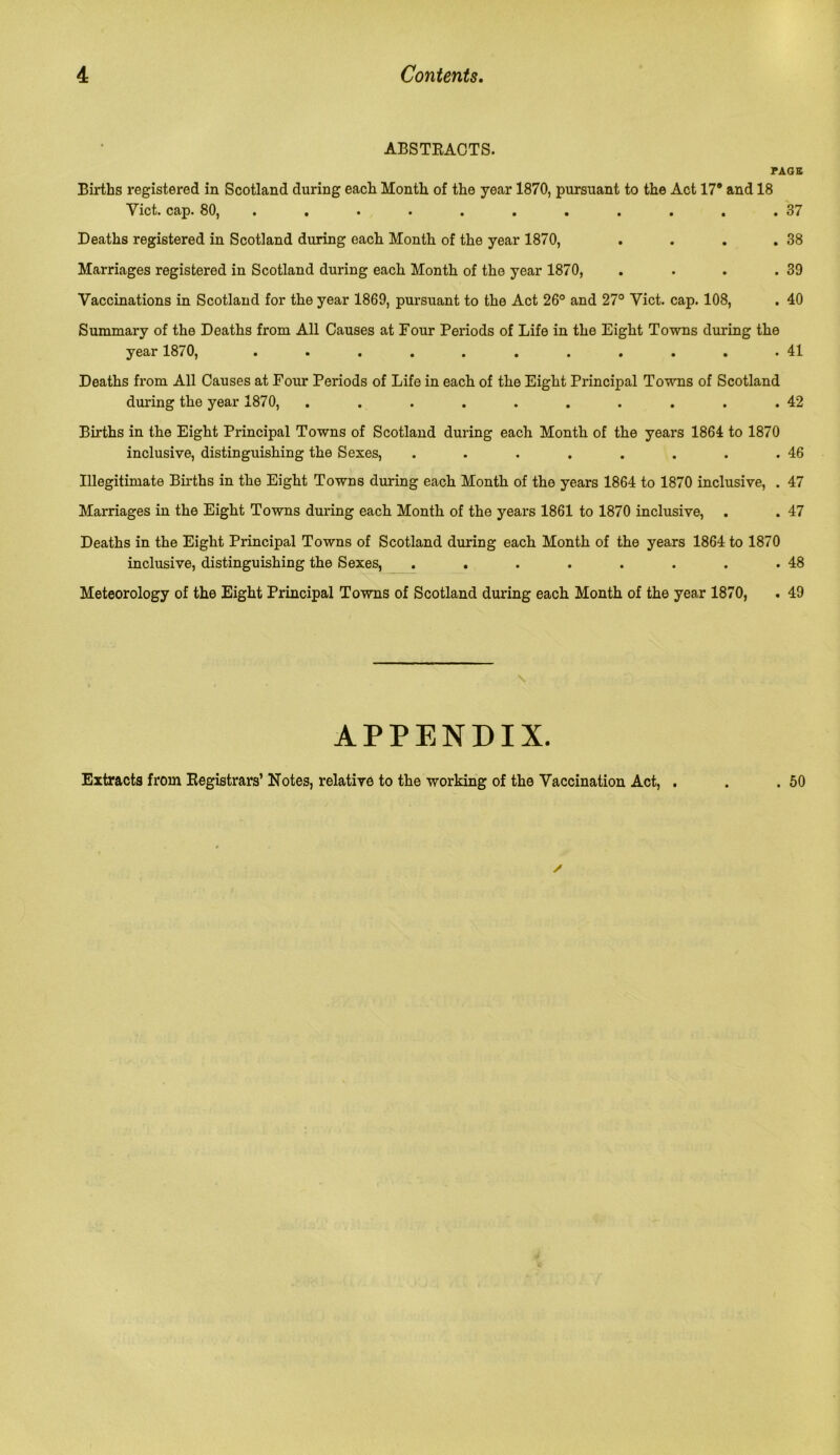 ABSTRACTS. VAGB Births registered in Scotland during each Month of the year 1870, pursuant to the Act 17® and 18 Viet. cap. 80, . . . . . . . . . .37 Deaths registered in Scotland during each Month of the year 1870, . . . . 38 Marriages registered in Scotland during each Month of the year 1870, . . . .39 Vaccinations in Scotland for the year 1869, pursuant to the Act 26° and 27° Viet. cap. 108, . 40 Summary of the Deaths from All Causes at Four Periods of Life in the Eight Towns during the year 1870, . . . . . . . . . . .41 Deaths from All Causes at Four Periods of Life in each of the Eight Principal Towns of Scotland during the year 1870, . . . . . . . . . . 42 Births in the Eight Principal Towns of Scotland during each Month of the years 1864 to 1870 inclusive, distinguishing the Sexes, . . . . . . . .46 Illegitimate Births in the Eight Towns during each Month of the years 1864 to 1870 inclusive, . 47 Marriages in the Eight Towns during each Month of the years 1861 to 1870 inclusive, . . 47 Deaths in the Eight Principal Towns of Scotland during each Month of the years 1864 to 1870 inclusive, distinguishing the Sexes, . . . . . . . .48 Meteorology of the Eight Principal Towns of Scotland during each Month of the year 1870, . 49 \ APPENDIX. Extracts from Registrars’ Notes, relative to the working of the Vaccination Act, . 50