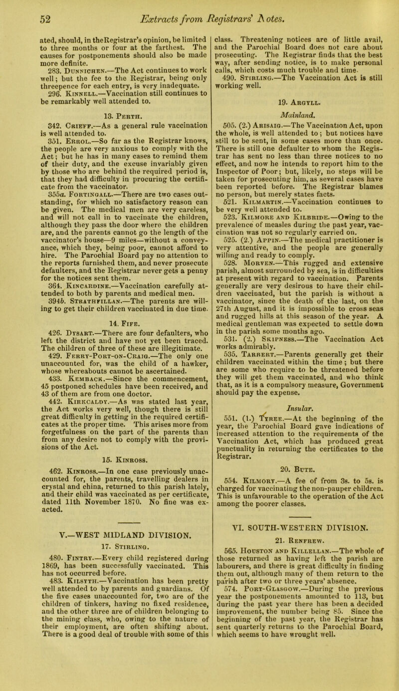 ated, should, in theRegistrar’s opinion, be limited to three months or four at the farthest. The causes for postponements should also be made more definite. 283. Dunnichen.—The Act continues to work well; but the fee to the Registrar, being only threepence for each entry, is very inadequate. 296. Kinnell.—Vaccination still continues to be remarkably well attended to. 13. Perth. 342. Crieff.—As a general rule vaccination is well attended to. 3dl. Errol.—So far as the Registrar knows, the people are very anxious to comply with the Act; but he has in many cases to remind them of their duty, and the excuse invariably given by those who are behind the required period is, that they had difficulty in procuring the certifi- cate from the vaccinator. 355a. Fortingall.—There are two cases out- standing, for which no satisfactory reason can be given. The medical men are very careless, and will not call in to vaccinate the children, although they pass the door where the children are, and the parents cannot go the length of the vaccinator’s house—9 miles—without a convey- ance, which they, being poor, cannot afford to hire. The Parochial Board pay no attention to the reports furnished them, and never prosecute defaulters, and the Registrar never gets a penny for the notices sent them. 364. Kincardine.—Vaccination carefully at- tended to both by parents and medical men. 3946. Strathfillan.—The parents are will- ing to get their children vaccinated in due time. 14. Fife. 426. Dysart.—There are four defaulters, who left the district and have not yet been traced. The children of three of these are illegitimate. 429. Ferry-Port-on-Craig.—The only one unaccounted for, was the child of a hawker, whose whereabouts cannot be ascertained. 433. Kemback.—Since the commencement, 45 postponed schedules have been received, and 43 of them are from one doctor. 442. Kirkcaldy.—As was stated last year, the Act works very well, though there is still great difficulty in getting in the required certifi- cates at the proper time. This arises more from forgetfulness on the part of the parents than from any desire not to comply with the provi- sions of the Act. 15. Kinross. 462. Kinross.—In one case previously unac- counted for, the parents, travelling dealers in crystal and china, returned to this parish lately, and their child was vaccinated as per certificate, dated 11th November 1870. No fine was ex- acted. V.—WEST MIDLAND DIVISION. 17. Stirling. 480. Fintry—Every child registered during 1869, has been successfully vaccinated. This has not occurred before. 483. Kilsyth.—Vaccination has been pretty well attended to by parents and guardians. Of the five cases unaccounted for, two are of the children of tinkers, having no fixed residence, and the other three are of children belonging to the mining class, who, owing to the nature of their employment, are often shifting about. There is a good deal of trouble with some of this class. Threatening notices are of little avail, and the Parochial Board does not care about prosecuting. The Registrar finds that the best way, after sending notice, is to make personal calls, which costs much trouble and time- 490. Stirling.—The Vaccination Act is still working well. 19- Argyll. Mainland. 505. (2.) Arisaig.—The Vaccination Act, upon the whole, is well attended to ; but notices have still to be sent, in some cases more than once. There is still one defaulter to whom the Regis- trar has sent no less than three notices to no effect, and now he intends to report him to the Inspector of Poor; but, likely, no steps will be taken for prosecuting him, as several cases have been reported before. The Registrar blames no person, but merely states facts. 521. Kilmartin.—Vaccination continues to be very well attended to. 523. Kilmore and Kilbride.—Owing to the prevalence of measles during the past year, vac- cination was not so regularly carried on. 525. (2.) Appin.—The medical practitioner is very attentive, and the people are generally willing and ready to comply. 528. Morven.—This rugged and extensive parish, almost surrounded by sea, is in difficulties at present with regard to vaccination. Parents generally are very desirous to have their chil- dren vaccinated, but the parish is without a vaccinator, since the death of the last, on the 27th August, and it is impossible to cross seas and rugged hills at this season of the year. A medical gentleman was expected to settle down in the parish some months ago. 531. (2.) Skipness.—The Vaccination Act works admirably. 535. Tarbert.—Parents generally get their children vaccinated within the time; but there are some who require to be threatened before they will get them vaccinated, and who think that, as it is a compulsory measure, Government should pay the expense. Insular. 551. (1.) Tyree.—At the beginning of the year, the Parochial Board gave indications of increased attention to the requirements of the Vaccination Act, which has produced great punctuality in returning the certificates to the Registrar. 20. Bute. 554. Kilmory.—A fee of from 3s. to 5s. is charged for vaccinating the non-pauper children. This is unfavourable to the operation of the Act among the poorer classes. VI. SOUTH-WESTERN DIVISION. 21. Renfrew. 565. Houston and Killellan.—The whole of those returned as having left the parish are labourers, and there is great difficulty in finding them out, although many of them return to the paVish after two or three years’ absence. 574. Port-Glasgow.—During the previous year the postponements amounted to 113, but during the past year there has been a decided improvement, the number being 85. Since the beginning of the past year, the Registrar has sent quarterly returns to the Parochial Board, which seems to have wrought well.