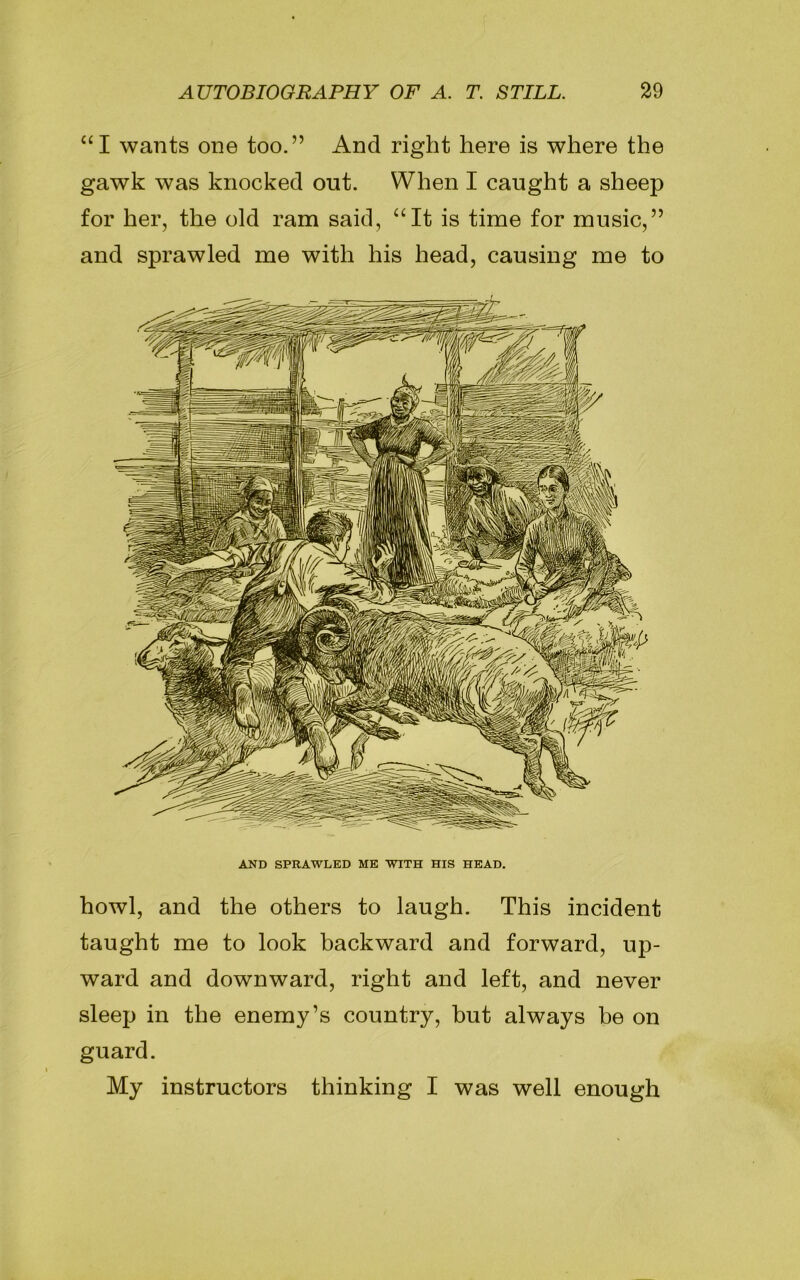 “I wants one too.” And right here is where the gawk was knocked out. When I caught a sheep for her, the old ram said, “It is time for music,” and sprawled me with his head, causing me to AND SPRAWLED ME WITH HIS HEAD. howl, and the others to laugh. This incident taught me to look backward and forward, up- ward and downward, right and left, and never sleep in the enemy’s country, but always be on guard. My instructors thinking I was well enough