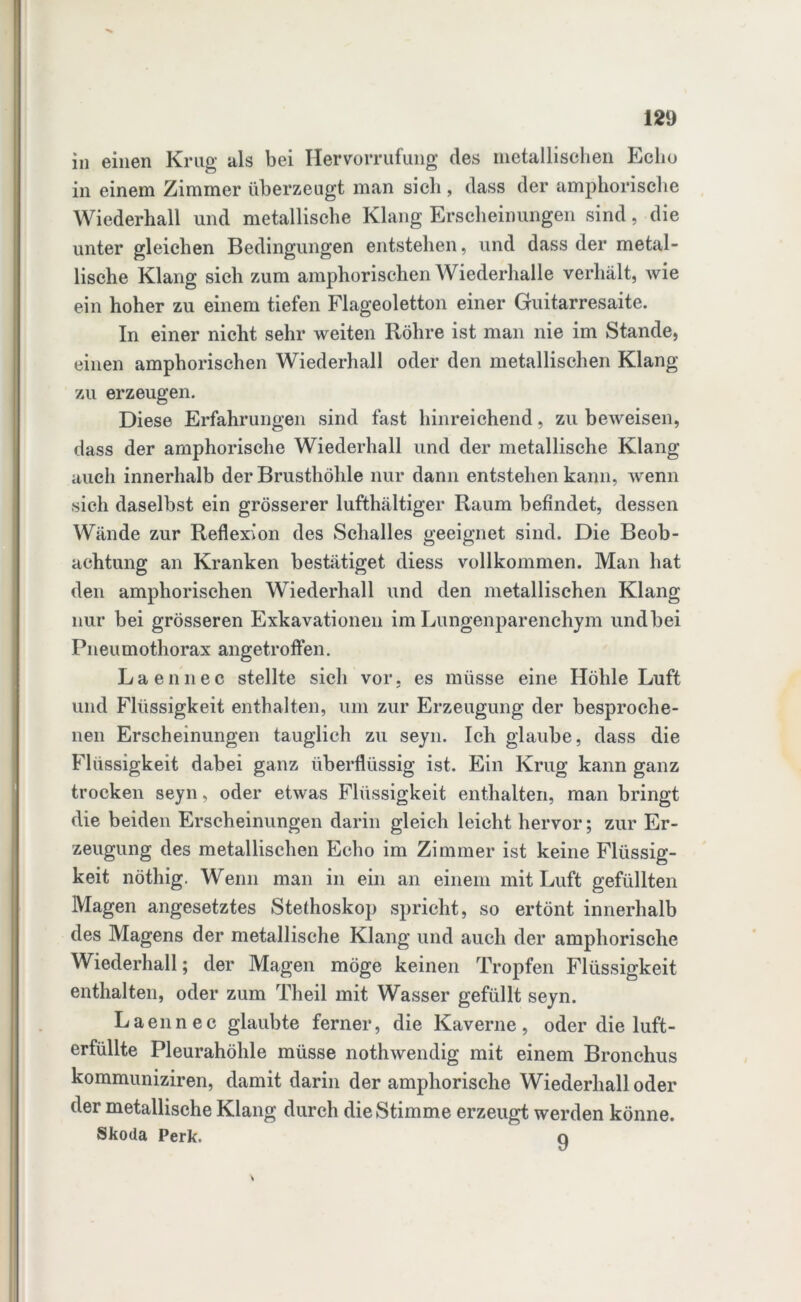 in einen Krug als bei Hervorrufung des metallischen Echo in einem Zimmer überzeugt man sich, dass der amphorische Wiederhall und metallische Klang Erscheinungen sind, die unter gleichen Bedingungen entstehen, und dass der metal- lische Klang sich zum amphorischen Wiederhalle verhält, wie ein hoher zu einem tiefen Flageoletton einer Guitarresaite. In einer nicht sehr weiten Röhre ist man nie im Stande, einen amphorischen Wiederhall oder den metallischen Klang zu erzeugen. Diese Erfahrungen sind fast hinreichend, zu beweisen, dass der amphorische Wiederhall und der metallische Klang auch innerhalb der Brusthöhle nur dann entstehen kann, wenn sich daselbst ein grösserer lufthaltiger Raum befindet, dessen Wände zur Reflexion des Schalles geeignet sind. Die Beob- achtung an Kranken bestätiget diess vollkommen. Man hat den amphorischen Wiederhall und den metallischen Klang nur bei grösseren Exkavationen im Lungenparenchym undbei Pneumothorax angetroffen. La ennec stellte sich vor, es müsse eine Höhle Luft und Flüssigkeit enthalten, um zur Erzeugung der besproche- nen Erscheinungen tauglich zu seyn. Ich glaube, dass die Flüssigkeit dabei ganz überflüssig ist. Ein Krug kann ganz trocken seyn, oder etwas Flüssigkeit enthalten, man bringt die beiden Erscheinungen darin gleich leicht hervor; zur Er- zeugung des metallischen Echo im Zimmer ist keine Flüssig- keit nöthig. Wenn man in ein an einem mit Luft gefüllten Magen angesetztes Stethoskop spricht, so ertönt innerhalb des Magens der metallische Klang und auch der amphorische Wiederhall; der Magen möge keinen Tropfen Flüssigkeit enthalten, oder zum Tlieil mit Wasser gefüllt seyn. Laennec glaubte ferner, die Kaverne, oder die luft- erfüllte Pleurahöhle müsse nothwendig mit einem Bronchus kommuniziren, damit darin der amphorische Wiederhall oder der metallische Klang durch die Stimme erzeugt werden könne. Skoda Perk. o