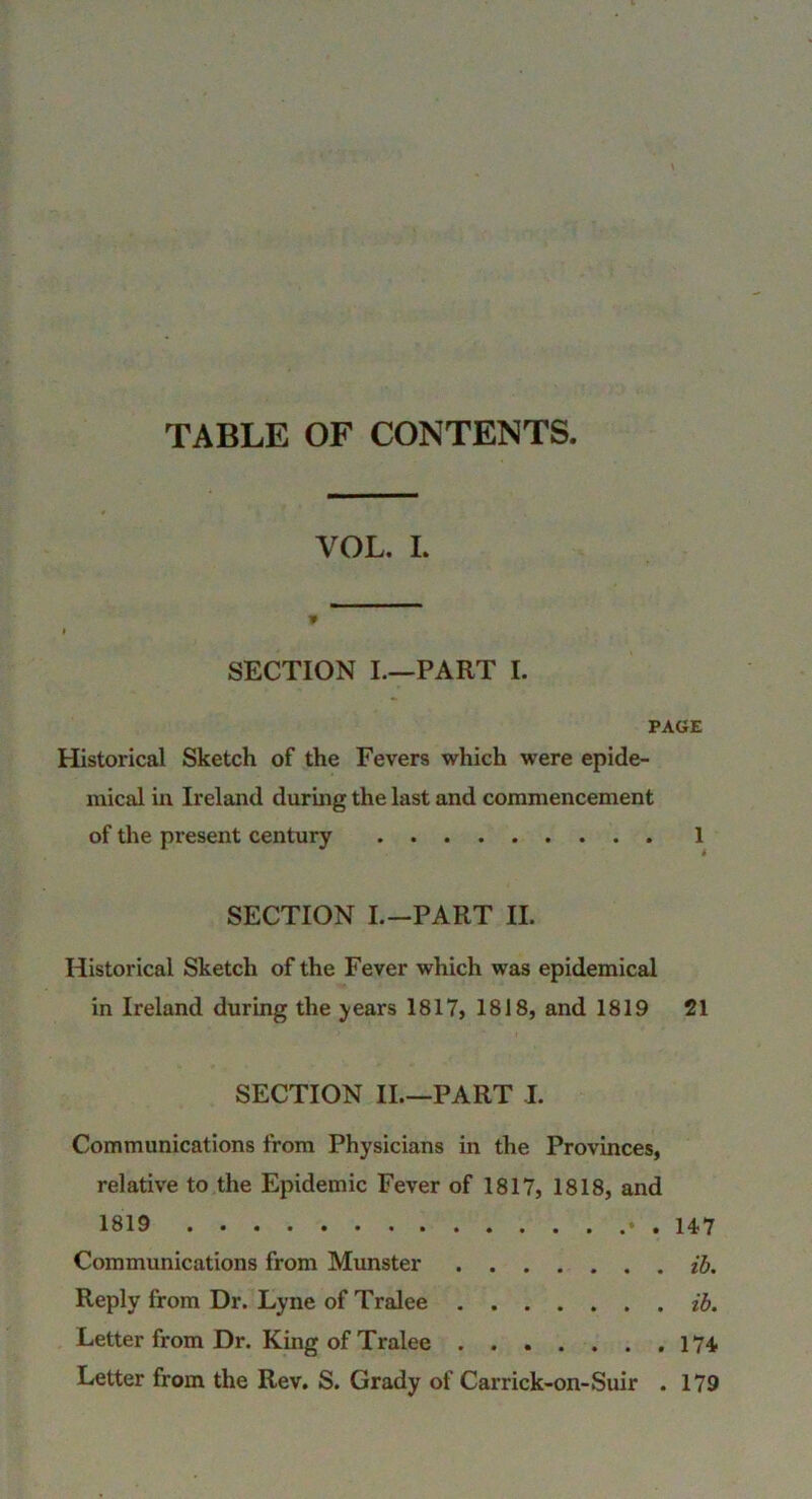 TABLE OF CONTENTS. VOL. I. SECTION L—PART I. PAGE Historical Sketch of the Fevers which were epide- mical in Ireland during the last and commencement of the present century 1 SECTION I.-PART II. Historical Sketch of the Fever which was epidemical in Ireland during the ^ears 1817, 18 J 8, and 1819 21 SECTION II.—PART I. Communications from Physicians in the Provinces, relative to the Epidemic Fever of 1817, 1818, and 1819 • . 147 Communications from Munster ih. Reply from Dr. Lyne of Tralee ih. Letter from Dr. King of Tralee 174 Letter from the Rev. S. Grady of Carrick-on-Suir . 179