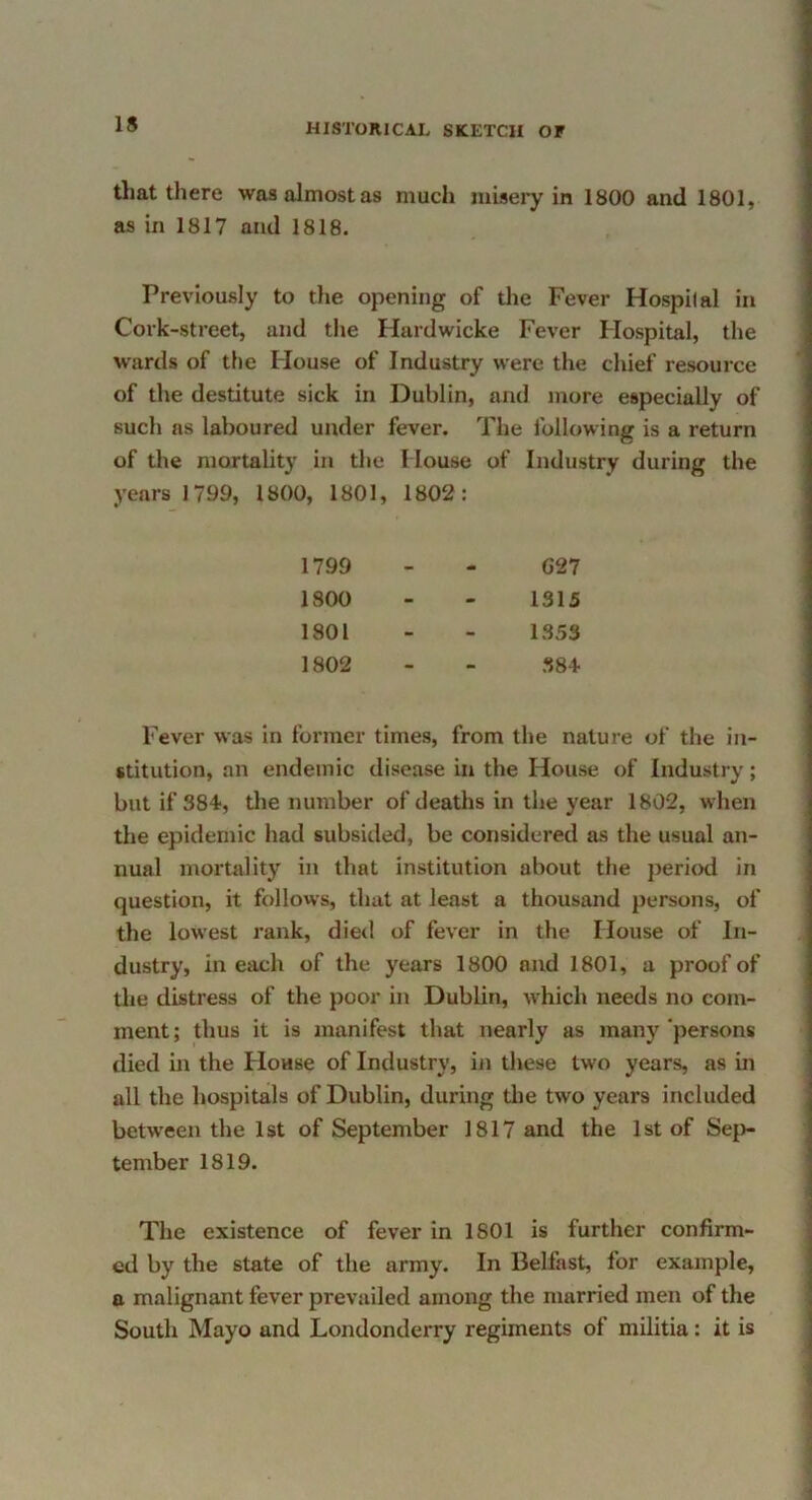 that there was almost as much misery in 1800 and 1801, as in 1817 and 1818. Previously to the opening of the Fever Hospilal in Cork-street, and tlie Hardwicke Fever Flospital, the wards of tlie House of Industry were the chief resource of the destitute sick in Dublin, and more especially of such as laboured under fever. The following is a return of the mortality in the House of Industry during the years 1799, 1800, 1801, 1802: 1799 - - G27 1800 - - 1315 1801 - - 1353 1802 - - 384 Fever was in former times, from the nature of the in- stitution, an endemic disease in the House of Industry; but if 384, tlie number of deaths in the year 1802, when the epidemic had subsided, be considered as the usual an- nual mortality in that institution about the period in question, it follows, that at least a thousand persons, of the lowest rank, dietl of fever in the House of In- dustry, in each of the years 1800 and 1801, a proof of the distress of the poor in Dubbn, which needs no com- ment ; thus it is manifest that nearly as many ‘persons died in the House of Industry, in these two years, as in all the hospitals of Dublin, during the two years included between the 1st of September 1817 and the 1st of Seji- tember 1819. The existence of fever in 1801 is further confirm- ed by the state of the army. In Belfast, for example, a malignant fever prevailed among the married men of the South Mayo and Londonderry regiments of militia: it is