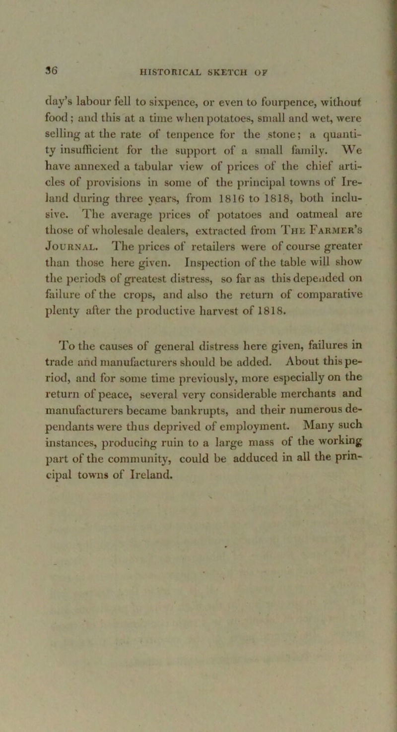 clay’s labour fell to sixpence, or even to fourpence, without food ; and this at a time when potatoes, small and wet, were selling at the rate of tenpence for the stone; a quanti- ty insufficient for the support of a small family. We have annexed a tabular view of prices of the chief arti- cles of provisions in some of the principal towns of Ire- land during three years, from 1816 to 1818, both inclu- sive. The average prices of potatoes and oatmeal are those of wliolesale dealers, extracted from The Farmer’s Journal. The prices of retailers were of course greater tlian those here given. Inspection of the table will show the periods of greatest distress, so far as this depended on failure of the crops, and also the return of comparative plenty after the productive harvest of 1818. To the causes of general distress here given, failures in trade and manufacturers should be added. About this pe- riod, and for some time previously, more especially on the return of peace, several very considerable merchants and manufacturers became bankrupts, and their numerous de- pendants were thus deprived of employment. Many such instances, producing ruin to a large mass of the working part of the community, could be adduced in all the prin- cipal towns of Ireland.