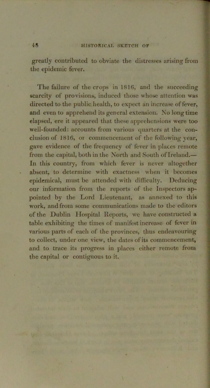 greatly contributed to obviate the distresses arising from the epidemic fever. The failure of the crops in 1816, and the succeeding scarcity of provisions, induced those whose attention was directed to the public health, to expect an increase of fever, and even to apprehend its general extension. No long time elapsed, ere it appeared that these apprehensions were too well-founded: accounts from various (piarters at the con- clusion of 1816, or commencement of the following year, gave evidence of the frequency of fever in places remote from the capital, both in the North and South of Ireland.— In this country, from which fever is never altogether absent, to determine with exactness when it becomes epidemical, must be attended with difficulty. Deducing our information from the reports of the Inspectors ap- pointed by the Lord Lieutenant, as annexed to this work, and from some communications made to the editors of the Dublin Hospital Reports, we have constructed a table exhibiting the times of manifest increase of fever in various parts of each of the provinces, thus endeavouring to collect, under one view, the dates of its commencement, and to trace its jirogress in places either remote from the capital or contiguous to it.
