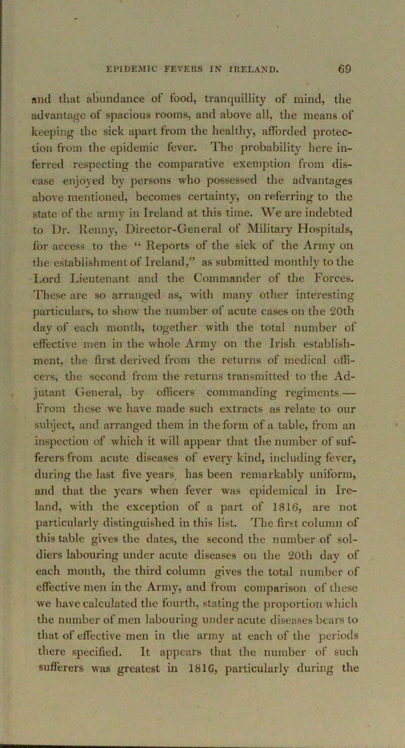 and that abundance of food, tranquillity of mind, the advantage of spacious rooms, and above all, the means of keeping the sick apart from the healthy, afforded protec- tion from the epidemic fever. The probability here in- ferred respecting the comparative exemption from dis- ease enjoyed by persons who possessed the advantages above mentioned, becomes certainty, on referring to the state of the army in Ireland at this time. We are indebted to Dr. Renny, Director-General of Military Hospitals, for access to the “ Reports of the sick of the Army on the establishment of Ireland,” as submitted monthly to the I.ord Lieutenant and the Commander of the Forces. These are so arranged as, with many other interesting particulars, to show the number of acute cases on the 20th day of each month, together with the total number of effective men in the whole Army on the Irish establish- ment, the first derived from the returns of medical offi- cers, the second from the returns transmitted to the Ad- jutant General, by officers commanding regiments — From these we have made such extracts as relate to our subject, and arranged them in the form of a table, from an inspection of which it will appear that the number of suf- ferers from acute diseases of every kind, including fever, during the last five years, has been remarkably uniform, and that the 3'^ears when fever was epidemical in Ire- land, with the exception of a part of 1816, are not particularly distinguished in this list. The first column of this table gives the dates, the second the number of sol- diers labouring under acute diseases on the 20th day of each month, the third column gives the total number of effective men in the Army, and from comparison of these we have calculated the fourth, stating the jiroportion which the number of men labouring under acute diseases bcai's to that of effective men in the army at each of the periods there specified. It appears that the number of such sufferers was greatest in 1816, particularly during the