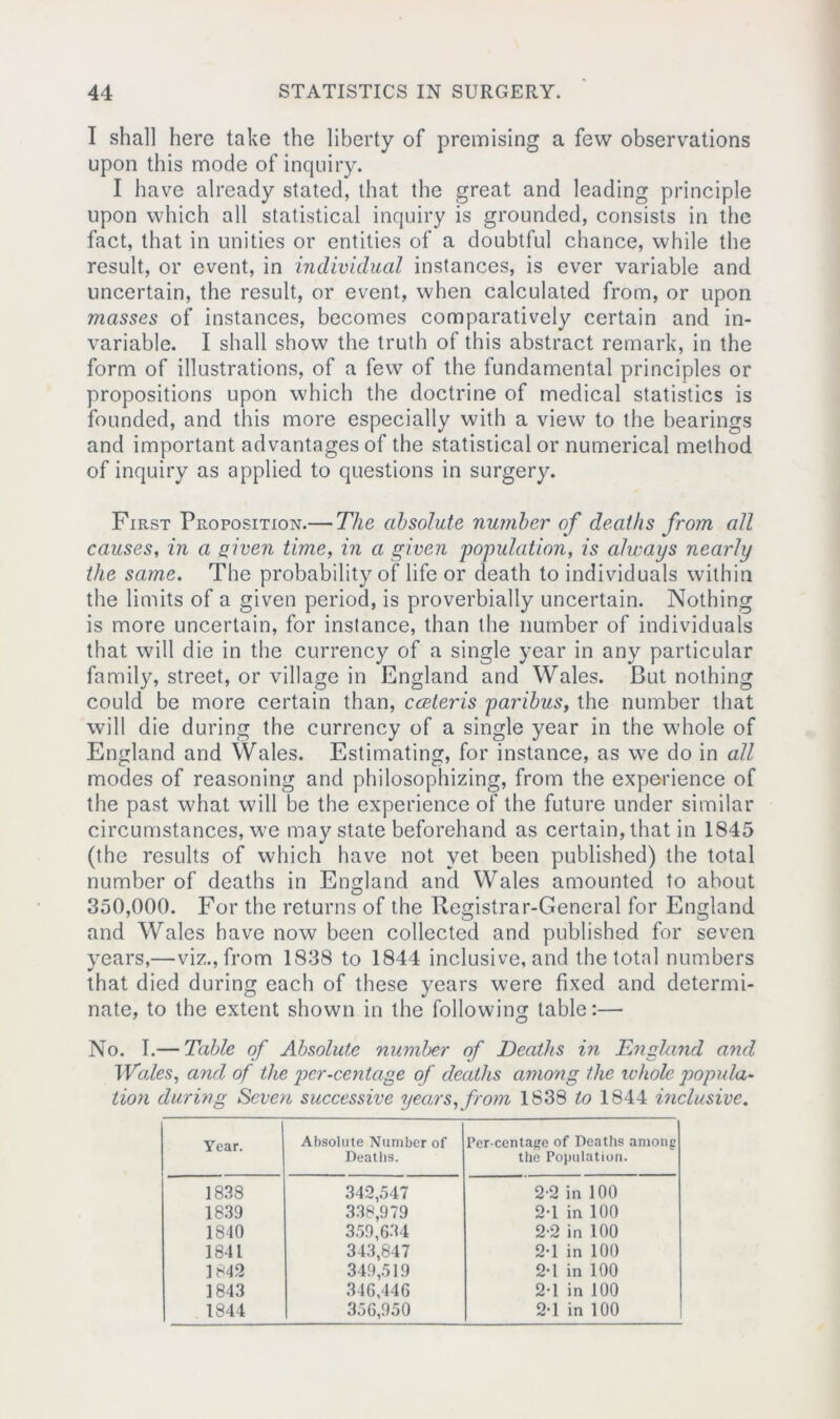 I shall here take the liberty of premising a few observations upon this mode of inquiry. I have already stated, that the great and leading principle upon which all statistical inquiry is grounded, consists in the fact, that in unities or entities of a doubtful chance, while the result, or event, in individual instances, is ever variable and uncertain, the result, or event, when calculated from, or upon masses of instances, becomes comparatively certain and in- variable. I shall show the truth of this abstract remark, in the form of illustrations, of a few of the fundamental principles or propositions upon which the doctrine of medical statistics is founded, and this more especially with a view to the bearings and important advantages of the statistical or numerical method, of inquiry as applied to questions in surgery. First Proposition.— The absolute number of deaths from all causes, in a given time, in a given population, is always nearly the same. The probability of life or death to individuals within the limits of a given period, is proverbially uncertain. Nothing is more uncertain, for instance, than the number of individuals that will die in the currency of a single year in any particular family, street, or village in England and Wales. But nothing could be more certain than, cceteris paribus, the number that will die during the currency of a single year in the whole of England and Wales. Estimating, for instance, as we do in all modes of reasoning and philosophizing, from the experience of the past what will be the experience of the future under similar circumstances, we may state beforehand as certain, that in 1845 (the results of which have not yet been published) the total number of deaths in England and Wales amounted to about 350,000. For the returns of the Registrar-General for England and Wales have now been collected and published for seven years,—viz., from 1838 to 1844 inclusive, and the total numbers that died during each of these years were fixed and determi- nate, to the extent shown in the following table:— No. I.— Table of Absolute number of Deaths in England and Wales, and of the per-centage of deaths among the whole popula- tion during Seven successive years, from 1838 to 1844 inclusive. Year. Absolute Number of Deaths. Per-centage of Deaths among the Population. 1838 342,547 2-2 in 100 1839 338,979 2-1 in 100 1840 359,634 2-2 in 100 1841 343,847 2-1 in 100 1849 349,519 2-1 in 100 1843 346,446 2-1 in 100 1844 356,950 2-1 in 100