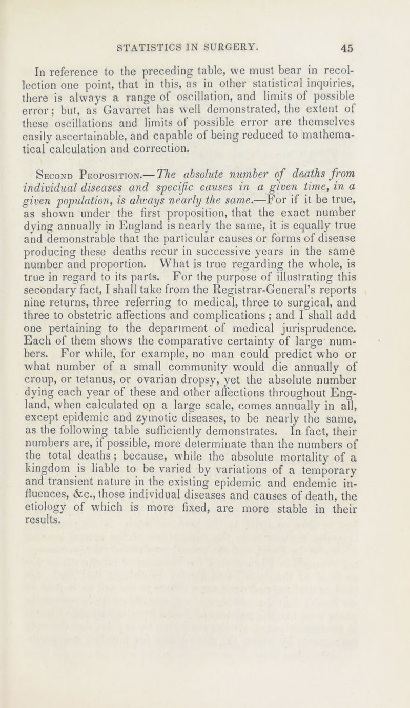 In reference to the preceding table, we must bear in recol- lection one point, that in this, as in other statistical inquiries, there is always a range of oscillation, and limits of possible error; but, as Gavarret has well demonstrated, the extent of these oscillations and limits of possible error are themselves easily ascertainable, and capable of being reduced to mathema- tical calculation and correction. Second Proposition.— The absolute number of deaths from individual diseases and specific causes in a given time, in a given population, is always nearly the same.—For if it be true, as shown under the first proposition, that the exact number dying annually in England is nearly the same, it is equally true and demonstrable that the particular causes or forms of disease producing these deaths recur in successive years in the same number and proportion. What is true regarding the whole, is true in regard to its parts. For the purpose of illustrating this secondary fact, I shall take from the Registrar-General’s reports nine returns, three referring to medical, three to surgical, and three to obstetric affections and complications ; and I shall add one pertaining to the department of medical jurisprudence. Each of them shows the comparative certainty of large num- bers. For while, for example, no man could predict who or what number of a small community would die annually of croup, or tetanus, or ovarian dropsy, yet the absolute number dying each year of these and other affections throughout Eng- land, when calculated on a large scale, comes annually in all, except epidemic and zymotic diseases, to be nearly the same, as the following table sufficiently demonstrates. In fact, their numbers are, if possible, more determinate than the numbers of the total deaths; because, while the absolute mortality of a kingdom is liable to be varied by variations of a temporary and transient nature in the existing epidemic and endemic in- fluences, &c., those individual diseases and causes of death, the etiology of which is more fixed, are more stable in their results.