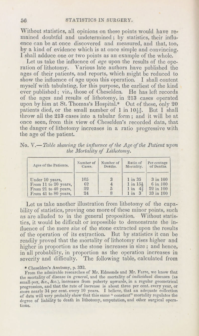 Without statistics, all opinions on these points would have re- mained doubtful and undetermined ; by statistics, their influ- ence can be at once discovered and measured, and that, too, by a kind of evidence which is at once simple and convincing. I shall adduce one or two points as an example of the whole. Let us take the influence of age upon the results of the ope- ration of lithotomy. Various late authors have published the ages of their patients, and reports, which might be reduced to show the influence of age upon this operation. I shall content myself with tabulating, for this purpose, the earliest of the kind ever published; viz., those of Cheselden. He has left records of the ages and results of lithotomy, in 213 cases operated upon by him at St. Thomas’s Hospital.* Out of these, only 20 patients died, or the small number of 1 in 10-|f. But I shall throw all the 213 cases into a tabular form ; and it will be at once seen, from this view of Cheselden’s recorded data, that the danger of lithotomy increases in a ratio progressive with the age of the patient. No. V.— Table showing the influence of the Age of the Patient wpon the Mortality of Lithotomy. Ages of the Patients. Number of Cases. Number of Deaths. Ratio of Mortality. Per-centage of Deaths. Under 10 years, 105 3 1 in 35 3 in 100 From 11 to 20 years, 62 4 1 in 15£ 6 in 100 From 21 to 40 years. 22 5 lin 4} 22 in 100 From 41 to 80 years, 24 8 1 in 3 33 in 100 Let us take another illustration from lithotomy of the capa- bility of statistics, proving one more of these minor points, such as are alluded to in the general proposition. Without statis- tics, it would be difficult or impossible to demonstrate the in- fluence of the mere size of the stone extracted upon the results of the operation of its extraction. But by statistics it can be readily proved that the mortality of lithotomy rises higher and higher in proportion as the stone increases in size ; and hence, in all probability, in proportion as the operation increases in severity and difficulty. The following table, calculated from * Chesclden’s Anatomy, p. 332. From the admirable researches of Mr. Edmonds and Mr. Farre, we know that the mortality of disease in general, and the mortality of individual diseases (as small-pox, &c., &c.), increases from puberty upwards, in a regular geometrical progression, and that the rate of increase is about three per cent, every year, or more nearly 34 per cent, every 10 years. I believe, that an adequate collection of data will very probably show that this same “ constant” mortality regulates the degree of liability to death in lithotomy, amputation, and other surgical opera- tions.