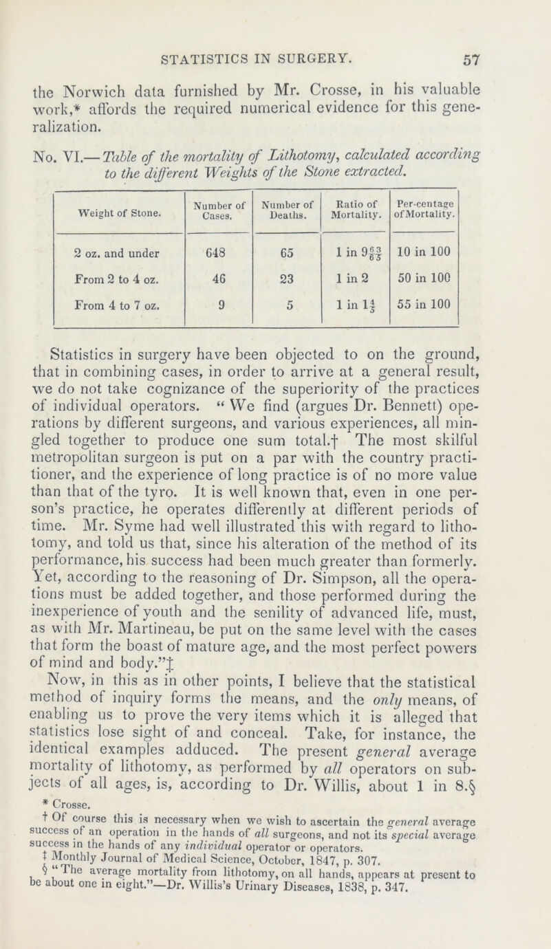 the Norwich data furnished by Mr. Crosse, in his valuable work,* affords the required numerical evidence for this gene- ralization. No. VI.— Table of the mortality of Lithotomy, calculated according to the different Weights of the Stone extracted. Weight of Stone. Number of Cases. Number of Deaths. Ratio of Mortality. Per-centage ofMortality. 2 oz. and under 648 65 1 in 9£§ 10 in 100 From 2 to 4 oz. 46 23 1 in 2 50 in 100 From 4 to 7 oz. 9 5 1 in 14 55 in 100 Statistics in surgery have been objected to on the ground, that in combining cases, in order to arrive at a general result, we do not take cognizance of the superiority of the practices of individual operators. “ VVe find (argues Dr. Bennett) ope- rations by different surgeons, and various experiences, all min- gled together to produce one sum total.j* The most skilful metropolitan surgeon is put on a par with the country practi- tioner, and the experience of long practice is of no more value than that of the tyro. It is well known that, even in one per- son’s practice, he operates differently at different periods of time. Mr. Syme had well illustrated this with regard to litho- tomy, and told us that, since his alteration of the method of its performance, his success had been much greater than formerly. Yet, according to the reasoning of Dr. Simpson, all the opera- tions must be added together, and those performed during the inexperience of youth and the senility of advanced life, must, as with Mr. Martineau, be put on the same level with the cases that form the boast of mature age, and the most perfect powers of mind and body.”J Now, in this as in other points, I believe that the statistical method of inquiry forms the means, and the only means, of enabling us to prove the very items which it is alleged that statistics lose sight of and conceal. Take, for instance, the identical examples adduced. The present general average mortality of lithotomy, as performed by all operators on sub- jects of all ages, is, according to Dr. Willis, about 1 in 8.§ * Crosse. t Of course this is necessary when we wish to ascertain the general average success of an operation in the hands of all surgeons, and not its special average success in the hands of any individual operator or operators, t Monthly Journal of Medical Science, October, 1847, p. 307. y The average mortality from lithotomy, on all hands, appears at present to be about one in eight.”—Dr. Willis’s Urinary Diseases, 1838, p. 347.