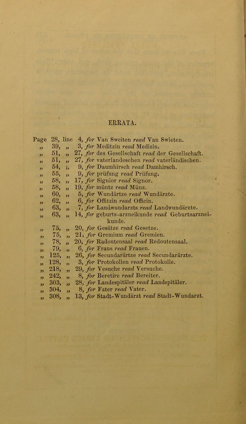ERRATA. Page 99 99 99 99 9) 99 99 99 99 99 99 99 99 99 99 99 99 99 99 99 99 99 28, line 4, for Van Sweiten read Van Swieten. 39, „ 3, for Meditzin read Medizin. 51, ,, 27, for des Gesellschaffc read der Gesellschaft. 51, „ 27, for vaterlandeschen read vaterlandischen. 54, 9, for Dauinhirsch read Damhirsch. 55, „ 9, for priifung read Priifung. 58, ,, 17, for Signior read Signor. 58, „ 19, for miintz read Miinz. 60, „ 5, for Wundartze read Wundiirzte. 62, „ 6, for Offitzin read Officin. 63, „ 7, for Landwundarzts read Landwundarzte. 63, „ 14, for geburts-arzneikunde read Geburtsarznei- kunde. 75, „ 20, for Gesatze read Gesetze. 75, „ 21, for Gretnium read Gremien. 78, „ 20, for Radoutensaal read Redoutensaal. 79, „ 6, for Praus read Frauen. 125, ,, 26, for Secundarartze read Secundararzte. 128, „ 3, for Protokollen read Protolcolle. 218, „ 29, for Vesuche read Versuche. 242, „ 8, for Beretire read Bereiter. 303, „ 28, for Landespitaler read Landspitaler. 304, „ 8, for Fater read Vater. 308, „ 13, for Stadt-Wundarzt read Stadt-Wundarzt.