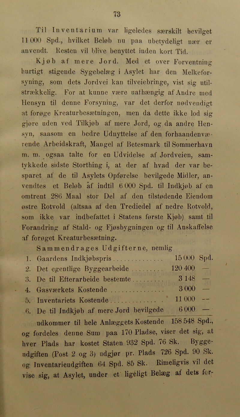 Til In ventarium var ligeledes sserskilt bcvilget 11 000 Spd., hvilket Belob nu paa ubetydeligt naer er anvendt. Resten vil blive benyttet inden kort Tid. Kj 0b at mere Jord. Med et over Forventning burtigt stigende Sygebelseg i Asylet liar den Melkefor- syning, som dets Jordvei kan tilveiebringe, vist sig util- strmkkelig. For at kunne vaere uafluengig af Andre med Hensyn til denne Forsyning, var det derfor nedvendigt at foroge Kreaturbessetningen, men da dette ikke lod sig gjore nden ved Tilkjob af mere Jord, og da andre Hen- syn, saasom en bedre Udnyttelse af den forhaandenvse- rende Arbeidskraft, Mangel af Betesmark til Sommerhavn m. m. ogsaa talte for en Udvidelse af Jordveien, sani- ty kkede sidste Storthing i, at der af hvad der var be- sparet af de til Asylets Opforelse bevilgede Midler, an- vendtes et Belob af indtil 6 000 Spd. til Indkjob af en omtrent 280 Maal stor Del af den tilstodende Eiendom ostre Rotvold (altsaa. at den Trediedel af nedre Rotvold, som ikke var indbefattet i Statens forste Kjob) samt. til Forandring af Staid- og Fjosbygningen og til Anskaffelse af foroget Kreaturbesfetning. Sammendrages Ud gift erne, nemlig ]. Gaardens Indkjobspris 15 000 Spd. 2. Det egentlige Byggearbeide 120 400 — 3. De til Efterarbeide bestemte 3 148 — 4. Gasvaerkets Kostende 3 000 — 5. Inventariets Kostende 11 000 — 0. De til Indkjob af mere Jord bevilgede 6 000 udkommer til hele Anlseggets Kostende 158 548 Spd., og fordeles denne Sum paa 170 Pladse, viser det sig, at liver PI ads har kostet Staten 932 Spd. 76 Sk. Bygge- udgiften (Post 2 og 3) udgjor pr. Plads 726 Spd. 90 Sk. og Tnventarieudgiften 64 Spd. 85 Sk. Rimeligvis vil det vise sig, at Asylet, under et ligeligt Bekeg at dets for-