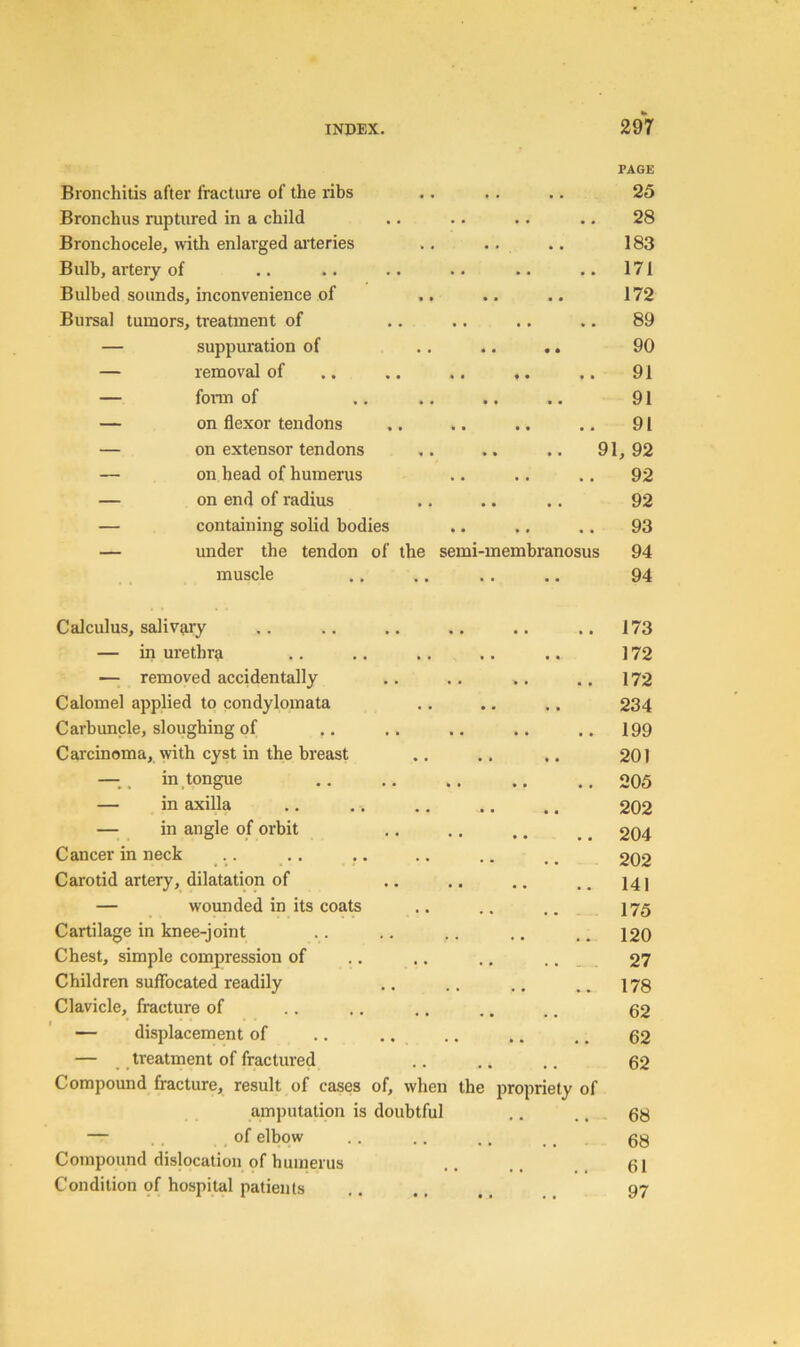 Bronchitis after fracture of the ribs PAGE 25 Bronchus ruptured in a child • • • • • • 28 Bronchocele, with enlarged arteries • » • • 183 Bulb, artery of • • • • • • 171 Bulbed sounds, inconvenience of • • • • 172 Bursal tumors, treatment of 89 — suppuration of • • • • 90 — removal of • • ♦ • « • 91 — form of • • • • 91 — on flexor tendons • • • • • • 91 — on extensor tendons 91,92 — on head of humerus • • • • • • 92 — on end of radius • • • • 92 — containing solid bodies » • • • • • 93 — imder the tendon of the semi-membranosus 94 muscle .. 94 Calculus, salivary • • • • 173 — in urethra • t • « 172 — removed accidentally 172 Calomel applied to condylomata • • • • 234 Carbuncle, sloughing of • • • • 199 Carcinoma, with cyst in the breast • • • • 201 —, in tongue • • • « 205 — in axilla • • • • 202 — in angle of orbit • • * • 204 Cancer in neck .. 202 Carotid artery, dilatation of • • • • 141 — wounded in its coats 175 Cartilage in knee-joint 120 Chest, simple compression of • • • • w. 27 Children suffocated readily • » • 178 Clavicle, fracture of .. 62 — displacement of .. .. • • • • 62 — treatment of fractured .. 62 Compound fracture, result of cases of, when amputation is doubtful the propriety of 68 — .. , of elbow .. 68 Compound dislocation of humerus 61 Condition of hospital patients • • • t 97