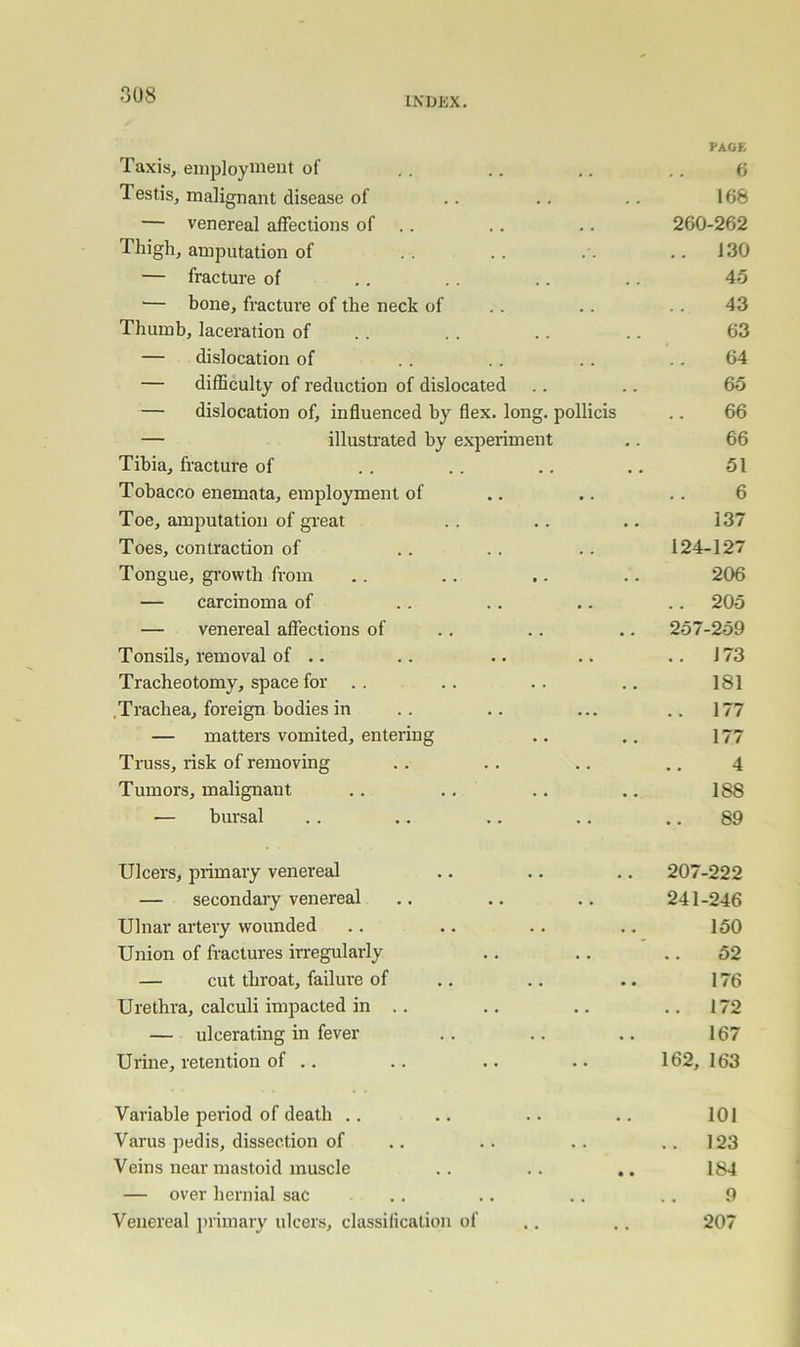3U8 INDEX. PACK Taxis, enujloyiiient of .. .. .. .. fj Testis, malignant disease of .. .. .. 168 — venereal affections of .. .. .. 260-262 Thigh, amputation of .. .. .. .. 130 — fracture of .. .. .. .. 46 •— bone, fracture of the neck of .. .. .. 43 Thumb, laceration of .. .. .. .. 63 — dislocation of . . . . .. .. 64 — difficulty of reduction of dislocated .. .. 65 — dislocation of, influenced by flex. long, pollicis .. 66 — illustrated by experiment .. 66 Tibia, fracture of .. . . .. .. 51 Tobacco enemata, employment of .. .. .. 6 Toe, amjjutation of great .. .. .. 137 Toes, contraction of .. .. .. 124-127 Tongue, growth from .. .. .. .. 206 — carcinoma of .. .. .. .. 205 — venereal affections of .. .. .. 257-259 Tonsils, removal of .. .. .. .. .. 173 Tracheotomy, space for .. .. .. .. 181 .Trachea, foreign bodies in .. .. ... ..177 — matters vomited, entering .. .. 177 Truss, risk of removing .. .. .. ., 4 Tumors, malignant .. .. .. .. 188 — bursal .. .. .. .. .. 89 Ulcers, primary venereal .. .. .. 207-222 — secondary venereal .. .. ., 241-246 Ulnar artery wounded .. .. .. .. 150 Union of fractures irregularly .. .. .. 52 — cut throat, failure of .. .. .. 176 Urethra, calculi impacted in .. .. .. ..172 — ulcerating in fever .. .. .. 167 Urine, retention of .. .. .. .. 162, 163 Variable period of death .. .. .. .. 101 Varus pedis, dissection of .. .. .. ..123 Veins near mastoid muscle .. .. .. 184 — over hernial sac . . . . .. . . 9 Venereal primary ulcers, classification of ., .. 207