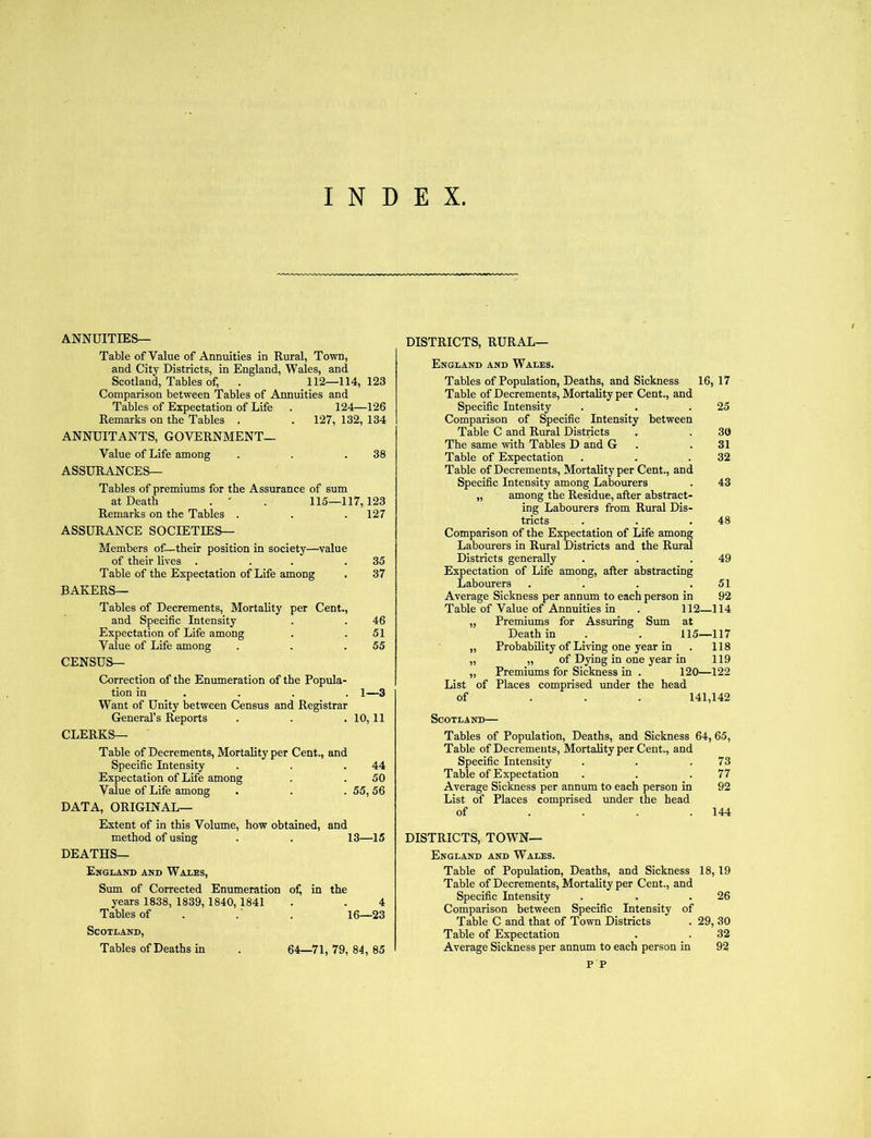 INDEX ANNUITIES— Table of Value of Annuities in Rural, Town, and City Districts, in England, Wales, and Scotland, Tables of, . 112—114, 123 Comparison between Tables of Annuities and Tables of Expectation of Life . 124—126 Remarks on the Tables . . 127, 132, 134 ANNUITANTS, GOVERNMENT— Value of Life among . . .38 ASSURANCES— Tables of premiums for the Assurance of sum at Death . ' . 115—117,123 Remarks on the Tables . . .127 ASSURANCE SOCIETIES— Members of—their position in society—value of their lives . . . .35 Table of the Expectation of Life among . 37 BAKERS— Tables of Decrements, Mortality per Cent., and Specific Intensity . . 46 Expectation of Life among . .51 Value of Life among . . .55 CENSUS- Correction of the Enumeration of the Popula- tion in . . . . 1—3 Want of Unity between Census and Registrar General’s Reports . . . 10,11 CLERKS— Table of Decrements, Mortality per Cent., and Specific Intensity . . .44 Expectation of Life among . . 50 Value of Life among . . . 55,56 DATA, ORIGINAL— Extent of in this Volume, how obtained, and method of using . . 13—15 DEATHS- Englaki) and Waxes, Sum of Corrected Enumeration o^ in the years 1838, 1839, 1840,1841 . . 4 Tables of . .' . 16—23 Scotland, Tables of Deaths in . 64—71,79,84, 85 DISTRICTS, RURAL— England and Wales. Tables of Population, Deaths, and Sickness 16, 17 Table of Decrements, Mortality per Cent., and Specific Intensity . . .25 Comparison of Specific Intensity between Table C and Rrual Districts . . 30 The same with Tables D and G . .31 Table of Expectation . . .32 Table of Decrements, Mortality per Cent., and Specific Intensity among Laboruers . 43 „ among the Residue, after abstract- ing Labourers from Rural Dis- tricts . . .48 Comparison of the Expectation of Life among Labourers in Rural Districts and the RurM Districts generally . . .49 Expectation of Life among, after abstracting Labourers . . . .51 Average Sickness per annum to each person in 92 Table of Value of Annuities in . 112—114 „ Premiums for Assuring Sum at Death in . . 115—117 „ Probability of Living one year in . 118 „ „ of Dying in one year in 119 „ Premiums for Sickness in . 120—122 List of Places comprised under the head of ... 141,142 Scotland— Tables of Population, Deaths, and Sickness 64, 65, Table of Decrements, Mortality per Cent., and Specific Intensity . . .73 Table of Expectation . . .77 Average Sickness per annum to each person in 92 List of Places comprised under the head of . . . .144 DISTRICTS, TOWN— England and Wales. Table of Population, Deaths, and Sickness 18,19 Table of Decrements, Mortality per Cent., and Specific Intensity . , .26 Comparison between Specific Intensity of Table C and that of Town Districts . 29, 30 Table of Expectation . . 32 Average Sickness per annum to each person in 92 P P