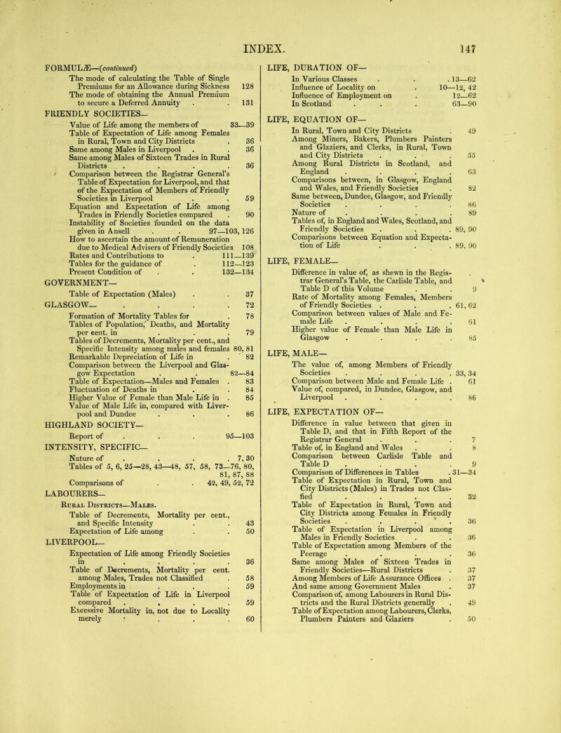 F 0RMUL.3E—{continued) The mode of calculating the Table of Single Premiums for an Allowance during Sickness 128 The mode of obtaining the Annual Premium to secure a Deferred Annuity . .131 FRIENDLY SOCIETIES— Value of Life among the members of 33—39 Table of Expectation of Life among Females in Rural, Town and City Districts , 36 Same among Males in Liverpool . . 36 Same among Males of Sixteen Trades in Rural Districts . . . .36 Comparison between the Registrar General’s Table of Expectation for Liverpool, and that of the Expectation of Members of Friendly Societies in Liverpool . .59 Equation and Expectation of Life among Trades in Friendly Societies compared . 90 Instability of Societies founded on the data given in AnseU . . 97—103, 126 How to ascertain the amount of Remuneration due to Medical Advisers of Friendly Societies 108 Rates and Contributions to . Ill—139 Tables for the guidance of . 112—123 Present Condition of . . 132—134 GOVERNMENT— Table of Expectation (Males) . . 37 GLASGOW— . . . .72 Formation of Mortality Tables for .78 Tables of Population,' Deaths, and Mortality per cent, in . . .79 Tables of Decrements, Mortality per cent., and Specific Intensity among males and females 80, 81 Remarkable Depreciation of Life in . 82 Comparison between the Liverpool and Glas- gow Expectation . . 82—84 Table of Expectation—Males and Females . 83 Fluctuation of Deaths in . .84 Higher Value of Female than Male Life in . 85 Value of Male Life in, compared with Liver- pool and Dundee . . .86 HIGHLAND SOCIETY— Report of . . . 95—103 INTENSITY, SPECIFIC— Nature of . . . . 7,30 Tables of 5, 6, 25—28, 43—48, 57, 58, 73—76, 80, 81, 87, 88 Comparisons of . . 42, 49, 52, 72 LABOURERS— RuEAi Districts—Mares. Table of Decrements, Mortality per cent., and Specific Intensity . . 43 Expectation of Life among . . 50 LIVERPOOL— Expectation of Life among Friendly Societies in . . . .36 Table of Decrements, Mortality per cent. among Males, Trades not Classified . 58 Employments in . . .59 Table of Expectation of Life in Liverpool compared . . . .59 Excessive Mortality in, not due to Locality merely : . . .60 LIFE, DURATION OF— In Various Classes . . . 13—62 Influence of Locality on . 10—12, 42 Influence of Employment on . 12—62 In Scotland . . . 63—90 LIFE, EQUATION OF— In Rural, Town and City Districts . 49 Among Miners, Bakers, Plumbers Painters and Glaziers, and Clerks, in Rural, Town and City Districts . . ■ .55 Among Rural Districts in Scotland, and England .... 63 Comparisons between, in Glasgow, England and Wales, and Friendly Societies . 82 Same between, Dundee, Glasgow, and Friendly Societies . . . .86 Nature of . . . .89 Tables of, in England and Wales, Scotland, and Friendly Societies . . .89, 90 Comparisons between Equation and Expecta- tion of Life . . . 89, 90 LIFE, FEMALE— Difierence in value of, as shewn in the Regis- trar General’s Table, the Carlisle Table, and * Table D of this Volume . . 9 Rate of Mortality among Females, Members of Friendly Societies . . .61,62 Comparison between values of Male and Fe- male Life . . . .61 Higher value of Female than Male Life in Glasgow . . . .85 LIFE, MALE— The value of, among Members of Friendly Societies . . . . 33,34 Comparison between Male and Female Life . 61 Value of, compared, in Dundee, Glasgow, and Liverpool . . . .86 LIFE, EXPECTATION OF— Difierence in value between that given in Table D, and that in Fifth Report of the Registrar General . . .7 Table of, in England and Wales . . 8 Comparison between Carlisle Table and Table D . . . .9 Comparison of Difierences in Tables . 31—34 Table of Expectation in Rural, Town and City Districts (Males) in Trades not Clas- hed . . . .32 Table of Expectation in Rural, Town and City Districts among Females in Friendly Societies . . . ' . 36 Table of Expectation in Liverpool among Males in Friendly Societies . . 36 Table of Expectation among Members of the Peerage . . . .36 Same among Males of Sixteen Trades in Friendly Societies—Rural Districts . 37 Among Members of Life Assurance Offices . 37 And same among Government Males . 37 Comparison of, among Labourers in Rural Dis- tricts and the Rural Districts generally . 49 Table of Expectation among Labourers, Clerks, Plumbers Painters and Glaziers . 50