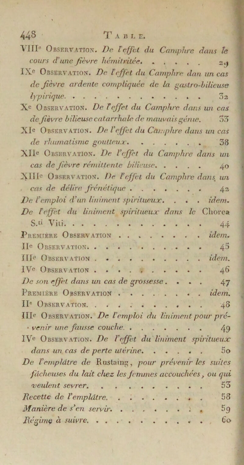 V' IIIe Observation. De F effet du Camphre dans le cours d’une fièvre hémitritée IXe Observation. Dp [effet du Camphre dan un cas de fièvre ardente compliquée de la gastro-hdicuse lypirique 02 Xe Observation. De T effet du Camphre dans un cas de f ièvre bilieuse catarrhale de mauvais génie. 7)7) XIe Observation. De l'effet du Camphre dans un cas de rhumatisme goutteux 38 XIIe Observation. De l'effet du Camphre dans un cas de fièvre rémittente bilieuse 40 XIIIe Observation. De l’effet du Camphre dans; un cas de délire, frénétique 42 De l’emploi d’un Uniment spiritueux. . . . idem. De F effet du Uniment spiritueux dans le Chorca S.l‘ Vili 44 Première Observation idem. IIe Observation 45 IIIe Observation idem. IVe Observation 46 De son effet dans un cas de grossesse.... 47 Première Observation idem. IIe Observation 48 IIIe Observation. De l'emploi du Uniment pour pré- • venir une fausse couche. 49 IVe Observation. De l'effet du Uniment spiritueux dans un cas de perte utérine 5o De l'emplâtre de R us tain g, pour prévenir les suites fâcheuses du lait chez les femmes accouchées, ou qui 'veulent sevrer 53 Recette de Vemplâtre 58 Manière de s'en servir. I , 5 9 Régime à suivre 60