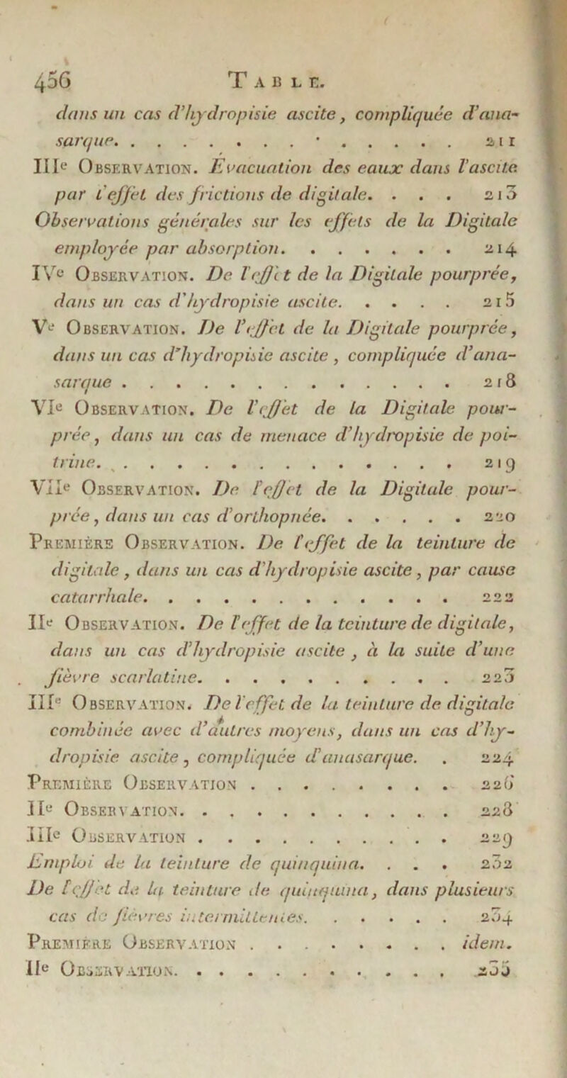 dans un cas d’hydropisie ascite, compliquée d’ana- sarque • air IIIe Observation. Evacuation des eaux dans l’ascite par l'effet des frictions de digitale. . . . 210 Observations générales sur les effets de la Digitale employée par absorption 214 IVe Observation. De leffet de la Digitale pourprée, dans un cas d'hydropisie ascite 215 Ve Observation. De l'effet de la Digitale pourprée, dans un cas d’hydropisie ascite , compliquée d’ana- sarque 218 VIe Observation. De l'effet de la Digitale pour- prée , dans un cas de menace d'hydropisie de poi- trine. 219 VIIe Observation. De F effet de la Digitale pour- prée, dans un cas d’orthopnée 220 Première Observation. De l'effet de la teinture de digitale, dans un cas d'hydropisie ascite, par cause catarrhale 222 IIe Observation. De F effet de la teinture de digitale, dans un cas d’hydropisie ascite , à la suite d’une fièvre scarlatine 220 III'' Observation. Del effet de la teinture de digitale combinée avec d’autres moyens, dans un cas d’hy- dropisie ascite, compliquée d’auasarque. . 224 Première Observation 220 IIe Observation 228 IIIe Observation 220 Emploi de la teinture de quinquina. . . . 202 De F effet de la teinture de quinquina, dans plusieurs cas de fièvres intermittentes 204 Première Observation idem.