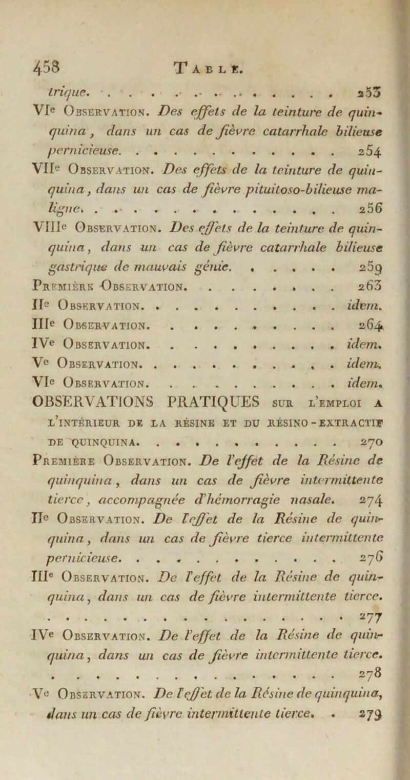 w w 3 0J trique. . . . Vie Observation. Des effets de la teintui'e de quin- quina , dans un cas de fièvre catarrhale bilieuse pernicieuse 254 VIIe Observation. Des effets de la teinture de quin- quina , dans un cas de fièvre pituiloso-bilieuse ma- ligne. . 2 56 VIIIe Observation. Des effets de la teinture de quin- quina , dans un cas de fièvre catarrhale bilieuse gastrique de mauvais génie 269 Première Observation 263 IIe Observation idem. IIIe Observation 264 IVe Observation idem. Ve Observation idem. VIe Observation idem. OBSERVATIONS PRATIQUES sur l’emploi a l’intérieur de la résine et du résino-extractif DE QUINQUINA 27O Première Observation. De l'ejfet de la Résine de- quinquina , dans un cas de fièvre intermittente tierce, accompagnée d'hémorragie nasale. 274 IIe Obs ervation. De ïefi'et de la Résine de quin- quina , dans un cas de fièvre tierce intermittente pernicieuse. 276 III0 Observation. De Teffet de la Résine de quin- quina , dans un cas de fièvre intermittente tierce. 277 IVe Observation. De l’effet de la Résine de quin- quina, dans un cas de fièvre intermittente tierce. 278 Ve Observation. De Teffet de la Résine de quinquina, dans un cas de fièvre intermittente tierce. . 279