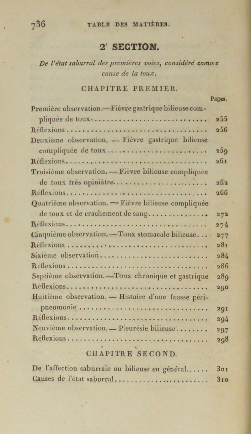 2* SECTION. De l’état saburral des premières voies, considéré comme cause de la toux. CHAPITRE PREMIER. Pagei. Première observation.—Fièvre gastrique bilieuse com- pliquée de toux- 255 Réflexions a 56 Deuxième observation. — Fièvre gastrique bilieuse compliquée de toux 269 Réflexions 261 Troisième observation. — Fièvre bilieuse compliquée de toux très opiniâtre . . 262 Réflexions 266 Quatrième observation. — Fièvre bilieuse compliquée de toux et de crachement de sang 272 Réflexions 274 Cinquième observation.—Toux stomacale bilieuse. . . 277 Reflexions 281 Sixième observation 284 Réflexions 286 Septième observation Toux chronique et gastrique 289 Réflexions 290 Huitième observation. — Histoire d’une fausse péri- pneumonie 291 Réflexions 294 Neuvième observation.— Pleurésie bilieuse 297 Réflexions 298 CHAPITRE SECOND. De l’affection saburrale ou bilieuse en général 3oi Causes de l’état saburral 3io