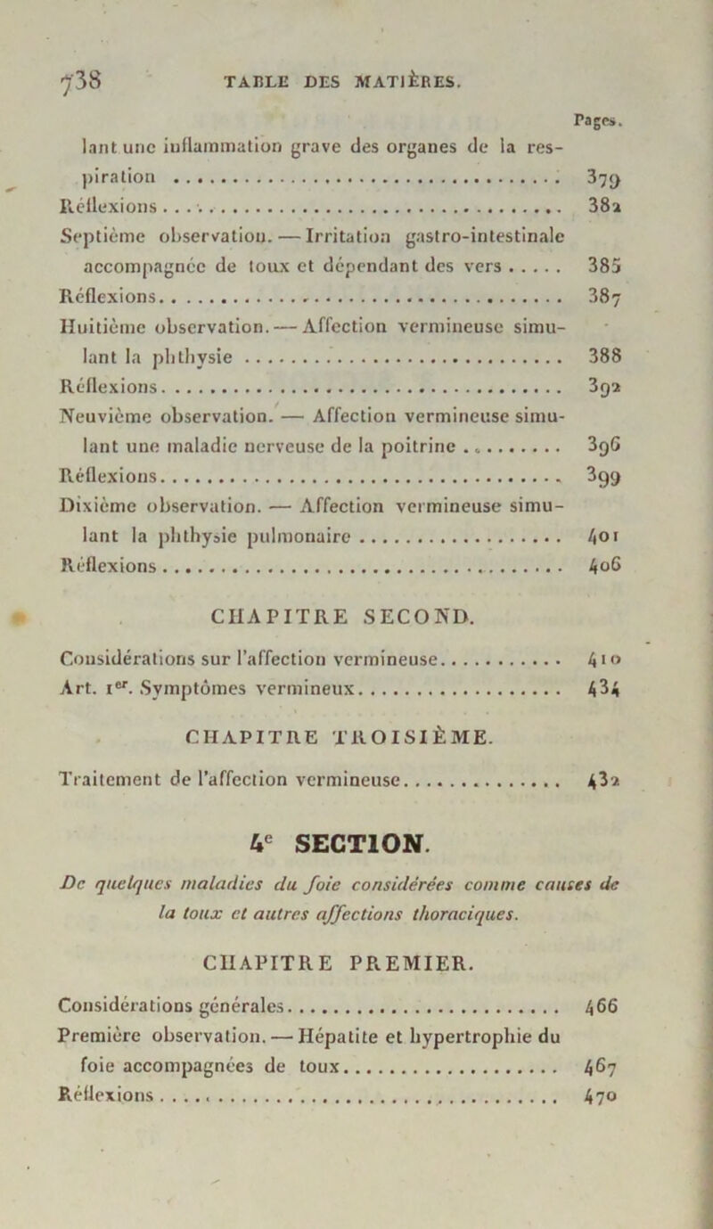 Pages. lant une inflammation grave des organes de la res- piration i'JCJ Réflexions 38a Septième observation. — Irritation gastro-intestinale accompagnée de toux et dépendant des vers 385 Réflexions 387 Huitième observation. — Affection vermineuse simu- lant la pli tliysie 388 Réflexions 392 Neuvième observation. — Affection vermineuse simu- lant une maladie nerveuse de la poitrine . 3gG Réflexions 399 Dixième observation. — Affection vermineuse simu- lant la phthysie pulmonaire 401 Réflexions 406 CHAPITRE SECOND. Considérations sur l’affection vermineuse 4'° Art. ier. Symptômes vermineux 4^4 CHAPITRE TROISIÈME. Traitement de l’affection vermineuse 43a 4e SECTION. De quelques maladies du foie considérées comme causes de la toux et autres affections thoraciques. CHAPITRE PREMIER. Considérations générales 466 Première observation. — Hépatite et hypertrophie du foie accompagnées de toux 467 Réflexions 4?o