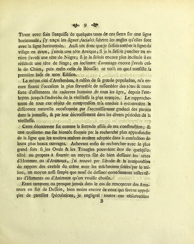 Tirant avec foin resquiffe de'quelques unes de ces faces fur une ligne horizontale, j’y traçai les /igms facialesSmVmt font avec la ligne horizontale., AuJi tôt donc que je faifoîs tomber la ligne du vifage en avant., j’avois une tête Antique; fi je la^faifoîs pencher eii ar- rière j’avoîs une tête de^Nègre; fi je la failoîs encore plus inclinée il en réiùltoît une tête de Singe ; en inclinant d’avantage encore j’avoîs cel- le de Chien, puis .enfin celle-.de Bécafle: or voilà en quoi confifie.la première bafe de mon'Edifice,-]' \ La même cité d’Amfterdam,';à raîfon de fa grande population, m’a en- core fourni l’occafion la plus favorable de raifembler des têtes & toute forte d’oflements de cadavres humains de tous les âges, depuis l’em- bryon jusqu’à l’individu de la vieilleire la plqs avancée,, i Le rapproche- ment de tous ces' objèt^ de comparaîfon m’^,cGtnduit à-reconnoître la différence naturelle occafiopnée par l’accrpifreraent graduel, des parties dans la jeunelTe', & par leur décroiffement dans les divers périodes de la vieillefîe. ■  ' . ■ ' -r--'-' ■ Cette découverte fut comme la fécondé affifeie ma conftruéèîon.; & une troifieme me fut bientôt fournie par la recherche plus approfondie de la ligne que les anciens maîtres avoîent adoptée dans la confedion de leurs plus beaux ouvrages. Achevant enfin de rechercher avec le plus grand foin fi Jes O vais & les Triangles pôuvoîenf être ,de quelqü’u. tilité ou propres' à fournir un moyen fur de bien idefliner ) les. têtes d’Hommes ou d’Animaux, j’ai trouvé par,. l’étudeii&-la comparaîfon- du rapport des cavités du crâne avec les mâcheoiresTciéês par leimi-^ lieu, un moyen auffi fimple que neuf de deffiner corredement telles tê- tes d’Hommes ou d’Animaux qu’on veuille choifir. • - . Etant rarement ou presque jamais dans le cas de rencontrer des Ama- teurs en fait de Deffein, bien moins encore de ceux qui favent appré- çier de pareilles fpéculations, je négligeai toutes- ces obfervatiôns B