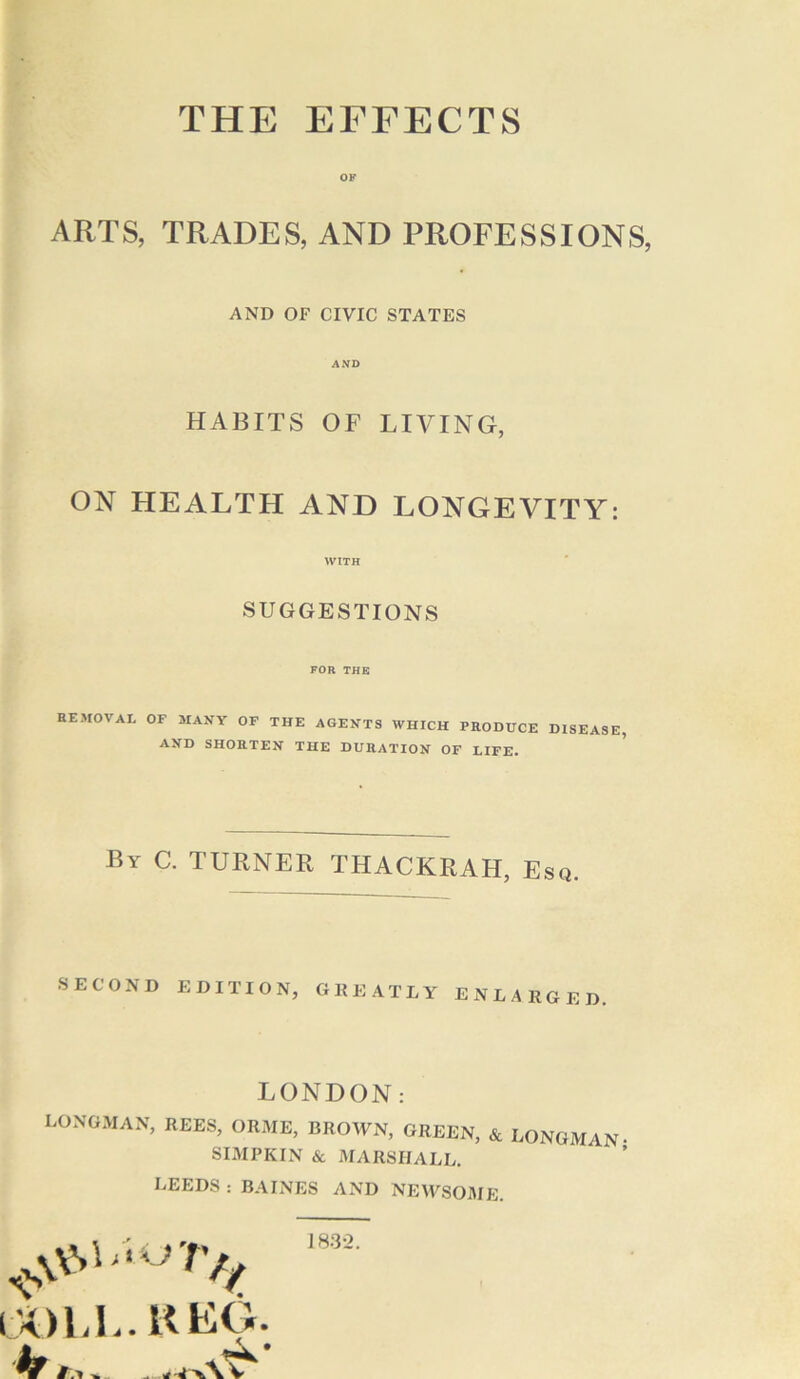 THE EFFECTS OF ARTS, TRADES, AND PROFESSIONS, AND OF CIVIC STATES AND HABITS OF LIVING, ON HEALTH AND LONGEVITY: WITH SUGGESTIONS FOR THE REMOVAL OF MANY OF THE AGENTS WHICH PRODUCE DISEASE AND SHORTEN THE DURATION OF LIFE. By C. TURNER THACKRAH, Esq. SECOND EDITION, GEEATLY ENLARGED. LONDON: LONGMAN, REES, ORME, BROWN, GREEN, & LONGMAN- SIMPKIN & MARSHALL. LEEDS : BAINES AND NEWSOME. DOLL. 183-2.