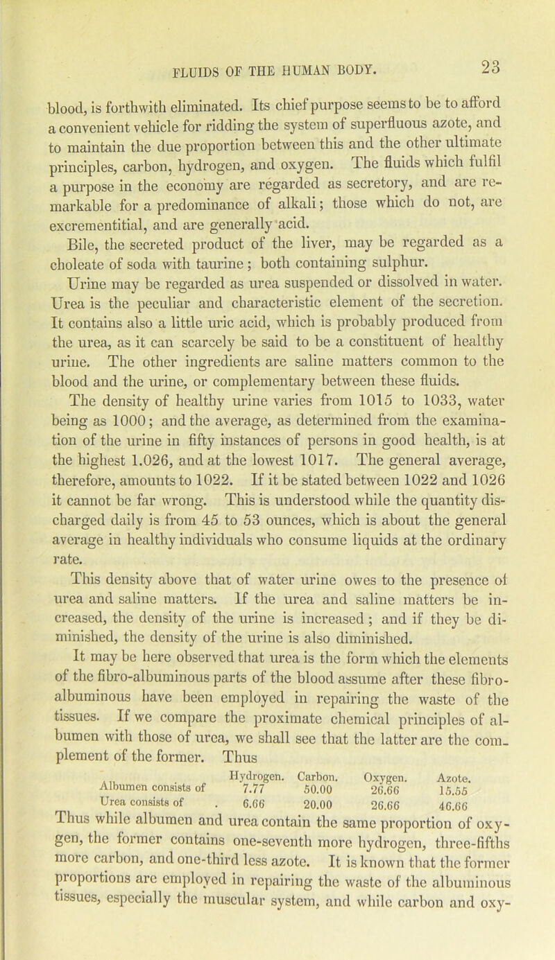 blood, is forthwith eliminated. Its chief purpose seems to be to afford a convenient vehicle for ridding the system of superfluous azote, and to maintain the due proportion between this and the other ultimate principles, carbon, hydrogen, and oxygen. The fluids which fulfil a purpose in the economy are regarded as secretory, and are re- markable for a predominance of alkali; those which do not, are excrementitial, and are generally acid. Bile, the secreted product of the liver, may be regarded as a choleate of soda with taurine; both containing sulphur. Urine may be regarded as urea suspended or dissolved in water. Urea is the peculiar and characteristic element of the secretion. It contains also a little uric acid, which is probably produced from the urea, as it can scarcely be said to be a constituent of healthy urine. The other ingredients are saline matters common to the blood and the urine, or complementary between these fluids. The density of healthy urine varies from 1015 to 1033, water being as 1000; and the average, as determined from the examina- tion of the urine in fifty instances of persons in good health, is at the highest 1.026, and at the lowest 1017. The general average, therefore, amounts to 1022. If it be stated between 1022 and 1026 it cannot be far wrong. This is understood while the quantity dis- charged daily is from 45 to 53 ounces, which is about the general average in healthy individuals who consume liquids at the ordinary rate. This density above that of water urine owes to the presence ol urea and saline matters. If the urea and saline matters be in- creased, the density of the urine is increased; and if they be di- minished, the density of the urine is also diminished. It may be here observed that urea is the form which the elements of the fibro-albuminous parts of the blood assume after these fibro- albuminous have been employed in repairing the waste of the tissues. If we compare the proximate chemical principles of al- bumen with those of urea, we shall see that the latter are the com- plement of the former. Thus .,, Hydrogen. Carbon. Oxygen. Azote. Albumen consists of 7.77 50.00 26.66 15.55 Urea consists of . 6.66 20.00 26.66 46.66 Thus while albumen and urea contain the same proportion of oxy- gen, the former contains one-seventh more hydrogen, three-fifths more carbon, and one-third less azote. It is known that the former proportions are employed in repairing the waste of the albuminous tissues, especially the muscular system, and while carbon and oxy-