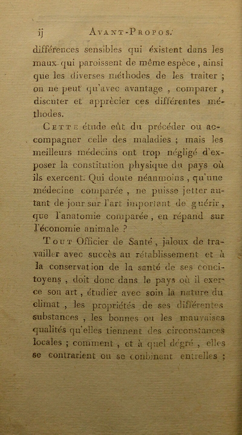 îj différences sensibles qui éxistent dans les maux-qui paraissent de même espèce , ainsi que les diverses méthodes de les traiter ; on 11e peut qu’avec avantage , comparer , discuter et apprécier ces différentes mé- thodes. Cette étude eut du précéder ou ac- compagner celle des maladies ; mais les meilleurs médecins ont trop négligé d’ex- poser la constitution physique du pays où ils exercent. Qui doute néanmoins , qu’une médecine comparée , ne puisse jetter au- tant de jour sur l’art important de guérir, que l'anatomie comparée , en répand sur l’économie animale ? Tout Officier de Santé , jaloux de tra- vailler avec succès au rétablissement et à la conservation de la santé de ses conci- toyens , doit donc dans le pays où il exer- ce son art , étudier avec soin la nature du climat les propriétés de ses différentes substances , les bonnes ou les mauvaises qualités qu'elles tiennent des circonstances locales ; comment , et à quel degré , elles se contrarient ou se conbinent entrelks ;