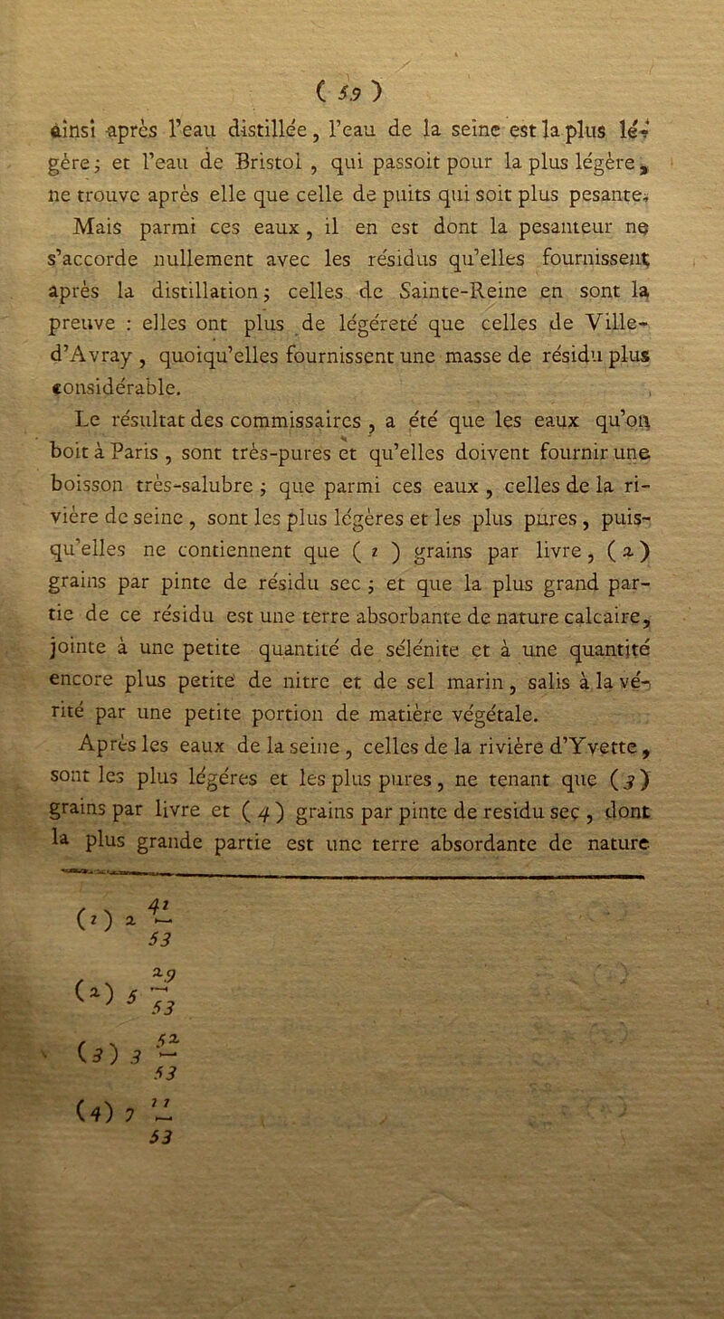 ( ainsi -après l’eau distillée, l’eau de la seine est la plus lé? gère ; et l’eau de Bristol , qui passoit pour la plus légère , ne trouve après elle que celle de puits qui soit plus pesante* Mais parmi ces eaux , il en est dont la pesanteur ne s’accorde nullement avec les résidus qu’elles fournissent; après la distillation ; celles de Sainte-Reine en sont la preuve : elles ont plus de légéreté que celles de Ville- d’Avray , quoiqu’elles fournissent une masse de résidu plus considérable. Le résultat des commissaires , a été que les eaux qu’on boit à Paris , sont très-pures et qu’elles doivent fournir une boisson très-salubre ; que parmi ces eaux , celles de la ri- vière de seine , sont les plus légères et les plus pures, puis- qu’elles ne contiennent que ( z ) grains par livre, ( x ) grains par pinte de résidu sec ; et que la plus grand par- tie de ce résidu est une terre absorbante de nature calcaire, jointe à une petite quantité de sélénite et à une quantité encore plus petite de nitre et de sel marin, salis à la vé- rité par une petite portion de matière végétale. Après les eaux de la seine, celles de la rivière d’Yvette, sont les plus légères et les plus pures, ne tenant que ( 3 ) grains par livre et ( 4 ) grains par pinte de résidu seç , dont la plus grande partie est une terre absordante de nature