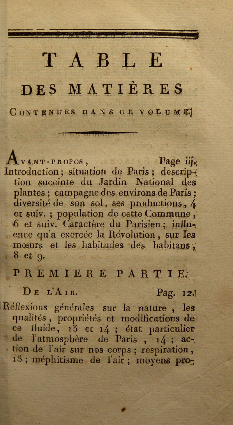 TABLE DES MATIÈRES Contenues dans ce volum&J A_vant-propos , Page iij.] Introduction ; situation de Paris ; descrip-* tion succinte du Jardin National des plantes ; campagne des environs de Paris ; diversité de son sol, ses productions, 4 et suiv. ; population de cette Commune, 6 et suiv. Caractère du Parisien ; influ- ence qu’a exercée la Révolution , sur les mœurs et les habitudes des habitans, 8 et 9. PREMIERE PARTIE; De l’Air. Pag. 12.1 Réflexions générales sur la nature , les qualités , propriétés et modifications de ce fluide, i5 ec 14 ; état particulier de l’atmosphère de Paris , 14 ; ac- tion de l’air sur nos corps ; respiration, 18 ; méphitisme de l’air ; moyens pro- #