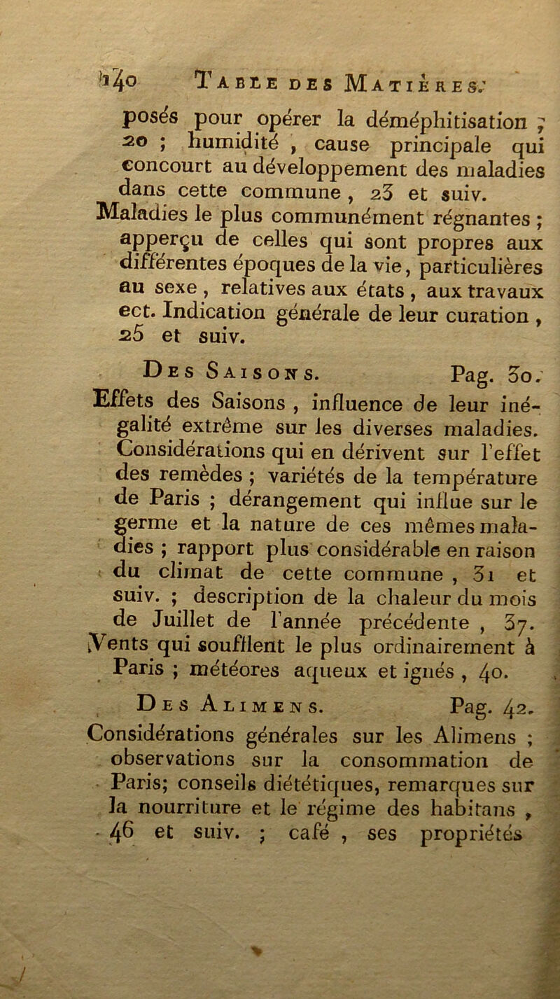 >J4o Table des Matières; poses pour opérer la déméphitisation ; 2.0 ; humidité , cause principale qui concourt au développement des maladies dans cette commune , 23 et suiv. Maladies le plus communément régnantes ; apperçu de celles qui sont propres aux différentes époques de la vie, particulières au sexe , relatives aux états , aux travaux ect. Indication générale de leur curation , 25 et suiv. Des Saisons. Pag. 5o; Effets des Saisons , influence de leur iné- galité extrême sur les diverses maladies. Considérations qui en dérivent sur l’effet des remèdes ; variétés de la température de Paris ; dérangement qui influe sur le germe et la nature de ces mêmes mala- dies ; rapport plus considérable en raison du climat de cette commune , 3i et suiv. ; description de la chaleur du mois de Juillet de l’année précédente , [Vents qui soufflent le plus ordinairement à Paris ; météores aqueux et ignés , 4°* Des Al I M E N S. Pag. 42. Considérations générales sur les Alimens ; observations sur la consommation de Paris; conseils diététiques, remarques sur la nourriture et le régime des habitans , 46 et suiv. ; café , ses propriétés