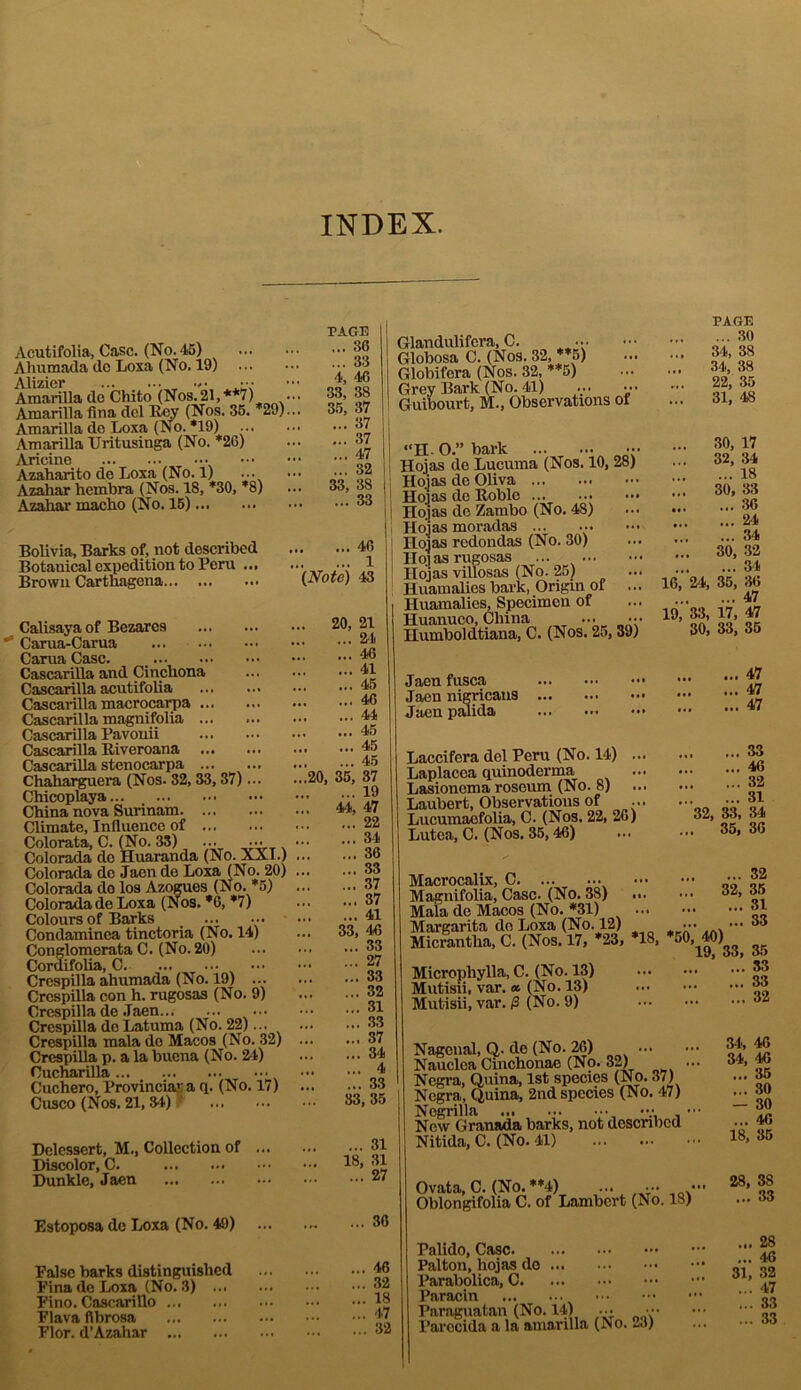 INDEX. Acutifolia, Case. (No. 45) Ahumada do Loxa (No. 19) Amarilla do Chito (Nos. 21, **7) Amarilla fina del Key (Nos. 35. 29) Amarilla do Loxa (X o. *19) ... Amarilla Uritusinga (No. *26) Aricine • •• Azaharito de Loxa (No. 1) ... Azahar hembra (Nos. 18, *30, *8) Azahar macho (No. 15) Bolivia, Barks of, not described Botauical expedition to Peru ... Brown Carthagena Calisaya of Bezares Carua-Carua ... Carua Case. Cascarilla and Cinchona Cascarilla acutifolia Cascarilla macrocarpa Cascarilla magnifolia ... Cascarilla Pavonii Cascarilla Biveroana Cascarilla stenocarpa Chaharguera (Nos. 32, 33, 37)... Chicoplaya... _ China nova Surinam Climate, Influence of Colorata, C. (No. 33) ... ■■■ . Colorada do Huaranda (No. XXI.) Colorada do Jaen do Loxa (No. 20) Colorada do los Azogues (No. *5) Coloradade Loxa (Nos. *6, *7) Colours of Barks ... Condaminca tinctoria (No. 14) Conglomerata C. (No. 20) Cor difolia, C. • •• Crespilla ahumada (No. 19) ... Crespilla con h. rugosas (No. 9) Crespilla de .Taen Crespilla do Latuma (No. 22)... Crespilla mala do Macos (No. 32) Crespilla p. a la buena (No. 24) Cucharilla Cuchero, Provincial a q. (No. 17) Cusco (Nos. 21,34) 9 Delesscrt, M., Collection of ... Discolor, C. Dunkle, Jaen Estoposa de Loxa (No. 49) False barks distinguished Fina de Loxa (No. 3) ... Fino. Cascarillo ... Flava fibrosa Flor. d’Azahar PAGE ... 36 ... 33 4, 46 33, 38 35, 37 ... 37 ... 37 ... 47 ... 32 33, 38 ... 33 ... 46 ... 1 (Note) 43 20, 21 ... 24 ... 46 ... 41 ... 45 ... 46 ... 44 ... 45 ... 45 ... 45 20, 35, 37 ... 19 44, 47 ... 22 ... 34 ... 36 ... 33 ... 37 ... 37 ... 41 33, 46 ... 33 ... 27 ... 33 ... 32 ... 31 ... 33 ... 37 ... 34 ... 4 ... 33 33, 35 ... 31 18, 31 ... 27 ... 36 46 32 18 47 32 Glandulifera, C. ... Globosa C. (Nos. 32, **5) Globifcra (Nos. 32, **5) Grey Bark (No. 41) ... Guibourt, M., Observations of “H O.” bark ••• Hojas de Lucuma (Nos. 10, 28) Hojas de Oliva Hojas de Eoble Hojas de Zambo (No. 48) Hojas moradas ... Hojas rodondas (No. 30) Hojas rugosas ... Hojas villosas (No. 25) ... Huamalies bark, Origin of ... Huamalies, Specimen of Huanuco, China ... ••• Humboldtiana, C. (Nos. 25, 39) PAGE ... 30 34, 38 34, 38 22, 35 31, 48 ... 30, 17 ... 32, 34 18 30, 33 36 24 34 ... 30, 32 34 16, 24, 35, 36 47 19, 33, 17, 47 30, 33, 35 Jaenfusca Jaen nigricans Jaen palida Laccifera del Peru (No. 14) .. Laplacca quinoderma Lasionema roseum (No. 8) Laubert, Observations of .. Lucumaefolia, C. (Nos. 22, 26) Lutea, C. (Nos. 35,46) Macrocalix, C Magnifolia, Case. (No. 38) Mala de Macos (No. *31) Margarita do Loxa (No. 12) Micrantha, C. (Nos. 17, *23, *18, *50, Microphylla, C. (No. 13) Mutisii, var. « (No. 13) Mutisii, var. p (No. 9) Nagcnal, Q. de (No. 26) Nauclea Cinchonac (No. 32) • Negra, Quina, 1st species (No. 37) Ncgra, Quina, 2nd species (No. 47) Nogrilla ••• • New Granada barks, not described Nitida, C. (No. 41) Ovata, C. (No. **4) ... ... ■ Oblongifolia C. of Lambert (No. 18) Palido, Case. Palton, hojas do ... Parabolica, C. Paracin Paraguatan (No. 14) ... ••• Parecida a la amarilla (No. 23) 47 47 47 ... 33 ... 46 ... 32 ... 31 32, 33, 34 . 35, 36 ... 32 32, 35 ... 31 ... 33 19, 33, 35 . 33 33 32 .. 34, 46 .. 34, 46 35 ... 30 — 30 • •• 46 .. 18, 35 ... 28, 38 ... 33 ,,, •«< . 28 • •< . 46 '.!! 3i , 32 . 47 ,, . 33 ,. . 33
