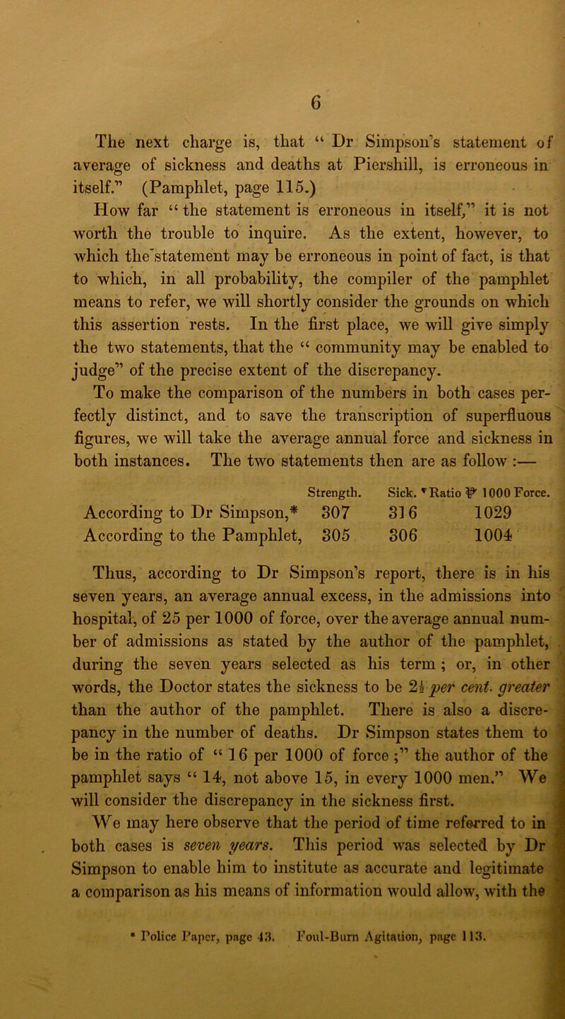 The next charge is, that “ Dr Simpson’s statement of average of sickness and deaths at Piershill, is erroneous in itself.” (Pamphlet, page 115.) How far “ the statement is erroneous in itself,” it is not worth the trouble to inquire. As the extent, however, to which the'statement may be erroneous in point of fact, is that to which, in all probability, the compiler of the pamphlet means to refer, we will shortly consider the grounds on which this assertion rests. In the first place, we will give simply the two statements, that the “ community may be enabled to judge” of the precise extent of the discrepancy. To make the comparison of the numbers in both cases per- fectly distinct, and to save the transcription of superfluous figures, we will take the average annual force and sickness in both instances. The two statements then are as follow :— Strength. Sick.Ratio ^ 1000 Force. According to Dr Simpson,* 307 316 1029 According to the Pamphlet, 305 306 1004 Thus, according to Dr Simpson’s report, there is in his seven years, an average annual excess, in the admissions into hospital, of 25 per 1000 of force, over the average annual num- ^ ber of admissions as stated by the author of the pamphlet, .1 during the seven years selected as his term; or, in other ! words, the Doctor states the sickness to be 2g 'per cent, greater | than the author of the pamphlet. There is also a discre- | pancy in the number of deaths. Dr Simpson states them to | be in the ratio of “16 per 1000 of force the author of the I pamphlet says “ 14, not above 15, in every 1000 men.” We Jj will consider the discrepancy in the sickness first. £ We may here observe that the period of time referred to in f| both cases is seven years. This period was selected by Dr ^ Simpson to enable him to institute as accurate and legitimate J a comparison as his means of information would allow, with the t| * Police Paper, page 4:i. Foul-Burn Agitation, page 113. ^
