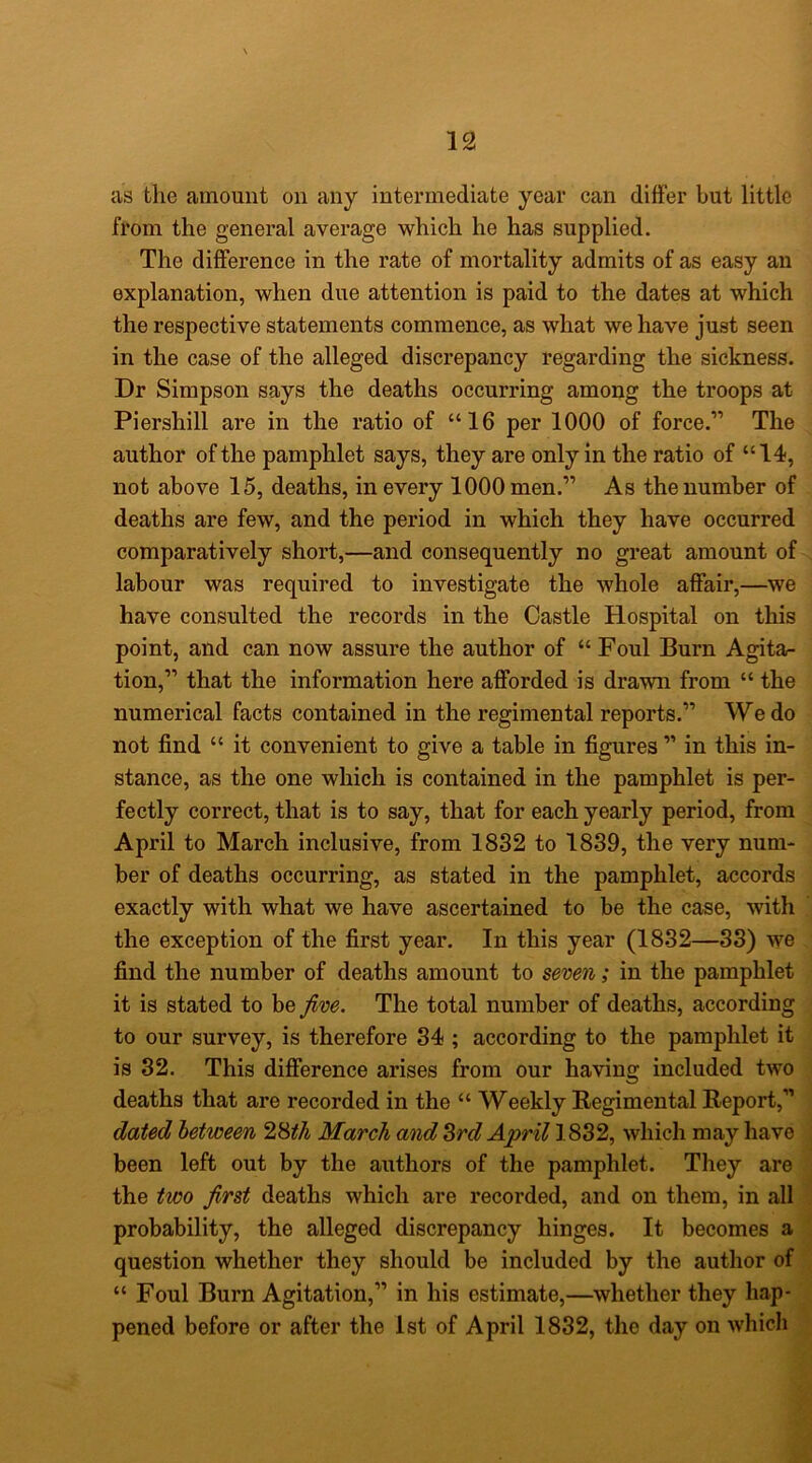 as the amount on any intermediate year can differ but little from the general average which he has supplied. The difference in the rate of mortality admits of as easy an explanation, when due attention is paid to the dates at which the respective statements commence, as what we have just seen in the case of the alleged discrepancy regarding the sickness. Dr Simpson says the deaths occurring among the troops at Piershill are in the ratio of “16 per 1000 of force.” The author of the pamphlet says, they are only in the ratio of “14, not above 15, deaths, in every 1000 men.” As the number of deaths are few, and the period in which they have occurred comparatively short,—and consequently no great amount of labour was required to investigate the whole affair,—we have consulted the records in the Castle Hospital on this point, and can now assure the author of “ Foul Burn Agita- tion,” that the information here afforded is drawn from “ the numerical facts contained in the regimental reports.” We do not find “ it convenient to give a table in figures ” in this in- stance, as the one which is contained in the pamphlet is per- fectly correct, that is to say, that for each yearly period, from April to March inclusive, from 1832 to 1839, the very num- ber of deaths occurring, as stated in the pamphlet, accords exactly with what we have ascertained to be the case, with the exception of the first year. In this year (1832—33) we find the number of deaths amount to seven; in the pamphlet it is stated to be five. The total number of deaths, according to our survey, is therefore 34 ; according to the pamphlet it is 32. This difference arises from our having included two deaths that are recorded in the “ Weekly Regimental Report,” dated between 2^th March and Srd April 1832, which may have been left out by the authors of the pamphlet. They are the two first deaths which are recorded, and on them, in all probability, the alleged discrepancy hinges. It becomes a question whether they should be included by the author of “ Foul Burn Agitation,” in his estimate,—whether they hap- pened before or after the 1st of April 1832, the day on which