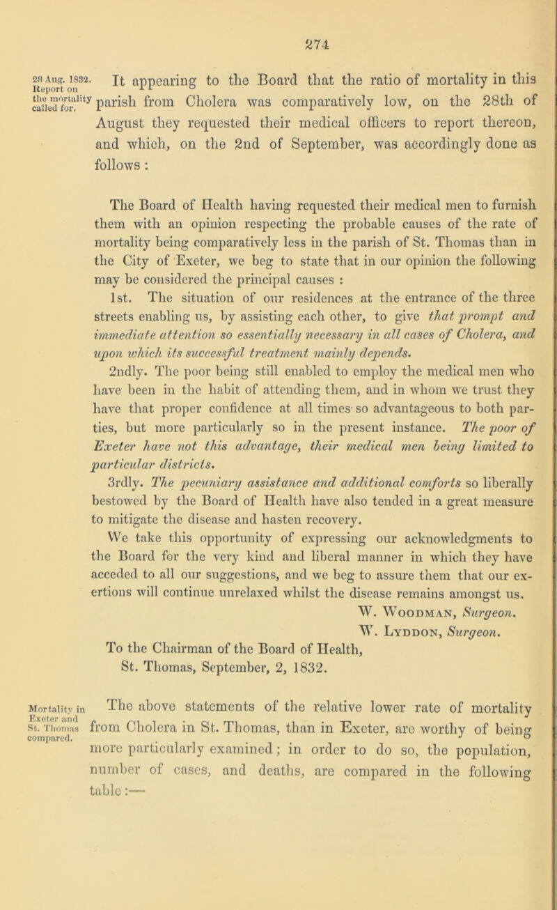 Report on32* aPPearin£ to the Board that the ratio of mortality in this canedforaIity parish from Cholera was comparatively low, on the 28tli of August they requested their medical officers to report thereon, and which, on the 2nd of September, was accordingly done as follows : The Board of Health having requested their medical men to furnish them with an opinion respecting the probable causes of the rate of mortality being comparatively less in the parish of St. Thomas than in the City of Exeter, we beg to state that in our opinion the following may be considered the principal causes : 1st. The situation of our residences at the entrance of the three streets enabling us, by assisting each other, to give that prompt and immediate attention so essentially necessary in all cases of Cholera, and upon which its successful treatment mainly depends. 2ndly. The poor being still enabled to employ the medical men who have been in the habit of attending them, and in whom we trust they have that proper confidence at all times- so advantageous to both par- ties, but more particularly so in the present instance. The poor of Exeter have not this advantage, their medical men being limited to particular districts. 3rdly. The pecuniary assistance and additional comforts so liberally bestowed by the Board of Health have also tended in a great measure to mitigate the disease and hasten recovery. We take this opportunity of expressing our acknowledgments to the Board for the very kind and liberal manner in which they have acceded to all our suggestions, and we beg to assure them that our ex- ertions will continue unrelaxed whilst the disease remains amongst us. W. Woodman, Surgeon. W. Lyddon, Surgeon. To the Chairman of the Board of Health, St. Thomas, September, 2, 1832. Mortality in The above statements of the relative lower rate of mortality st. Thomas from Cholera in St. Thomas, than in Exeter, are worthy of beino- compared. , JO more particularly examined; in order to do so, the population, number of cases, and deaths, are compared in the following table:—