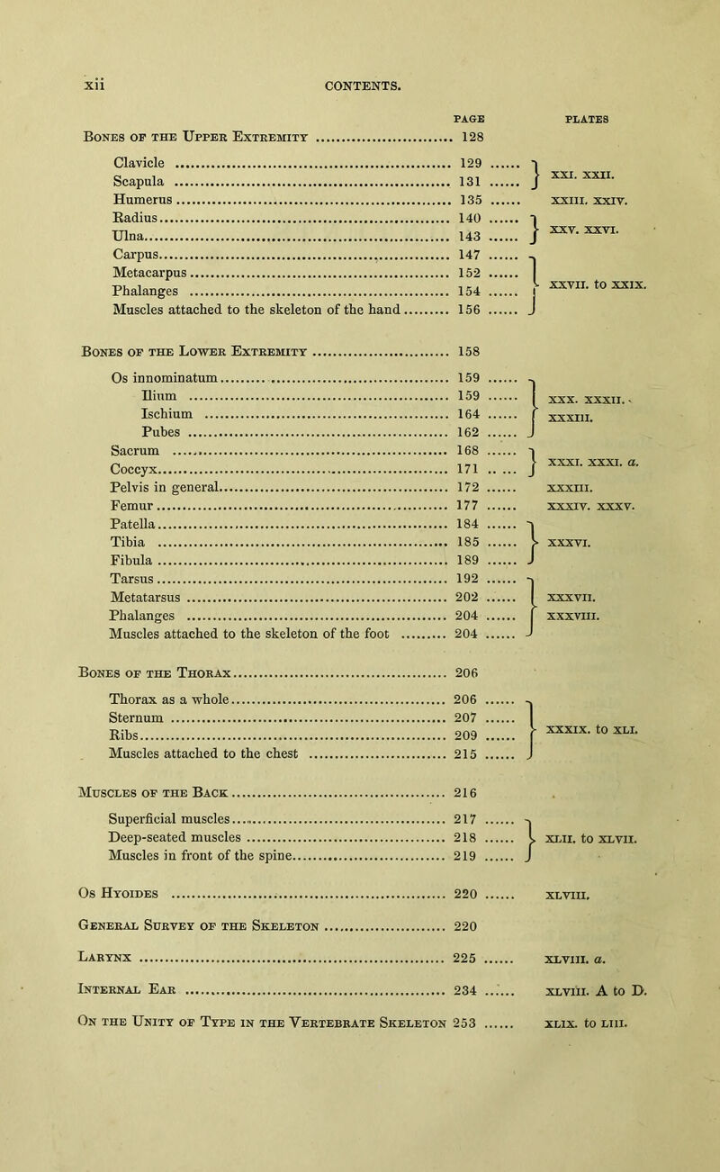 PAGE Bones op the Upper Extremity 128 Clavicle 129 Scapula 131 Humerus 135 Eadius 140 Ulna 143 Carpus 147 Metacarpus 152 Phalanges 154 Muscles attached to the skeleton of the hand 156 PLATES ^ XXI. XXII. XXIII. XXIV. j- XXV. XXVT. \ XXVII. to XXIX. Bones op the Lower Extremity 158 Os innominatum Eium Ischium Pubes Sacrum Coccyx Pelvis in general Femur Patella Tibia Fibula Tarsus Metatarsus Phalanges Muscles attached to the skeleton of the foot 159 159 164 162 168 171 172 177 184 185 189 192 202 204 204 } XXX. XXXII. • XXXIII. XXXI. XXXI. a. XXXIII. XXXIV. XXXV. XXXVI. XXXVII. XXXVIII. Bones op the Thorax 206 Thorax as a whole Sternum Kibs Muscles attached to the chest Muscles op the Back 216 Superficial muscles Deep-seated muscles Muscles in front of the spine 217 218 219 } XLII. to XLVII. 206 207 209 215 XXXIX. to XLI. Os Hyoides 220 General Survey op the Skeleton 220 Larynx 225 Internal Ear 234 XL VIII, XLviii. a. XLViii. A to D. On the Unity op Type in the Vertebrate Skeleton 253 XLIX. to LIII.