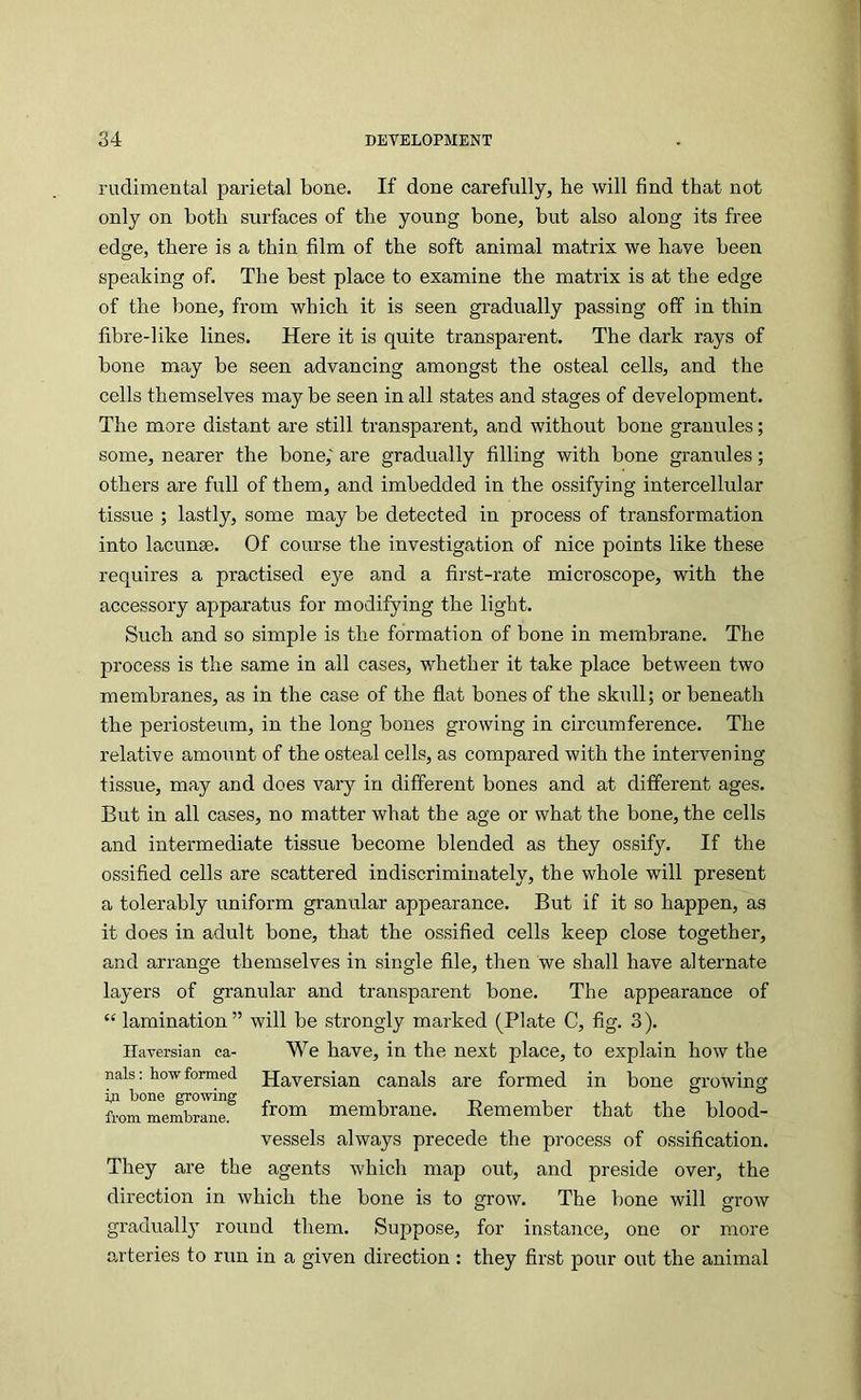 ruclimental parietal bone. If done carefully, he will find that not only on both surfaces of the young bone, but also along its free edge, there is a thin film of the soft animal matrix we have been speaking of. The best place to examine the matrix is at the edge of the bone, from which it is seen gradually passing off in thin fibre-like lines. Here it is quite transparent. The dark rays of bone may be seen advancing amongst the osteal cells, and the cells themselves may be seen in all states and stages of development. The more distant are still transparent, and without bone granules; some, nearer the bone,' are gradually filling with bone granules; others are full of them, and imbedded in the ossifying intercellular tissue ; lastly, some may be detected in process of transformation into lacunse. Of course the investigation of nice points like these requires a practised eye and a first-rate microscope, with the accessory apparatus for modifying the light. Such and so simple is the formation of bone in membrane. The process is the same in all cases, whether it take place between two membranes, as in the case of the fiat bones of the skull; or beneath the periosteum, in the long bones growing in circumference. The relative amount of the osteal cells, as compared with the intervening tissue, may and does vary in different bones and at different ages. But in all cases, no matter what the age or what the bone, the cells and intermediate tissue become blended as they ossify. If the ossified cells are scattered indiscriminately, the whole will present a tolerably uniform granular appearance. But if it so happen, as it does in adult bone, that the ossified cells keep close together, and arrange themselves in single file, then we shall have alternate layers of granular and transparent bone. The appearance of “ lamination” will be strongly marked (Plate C, fig. 3). Haversian ea- We have, in the next place, to explain how the nals: how formed Haversian canals are formed in bone growing from°mernbrane.^ from membrane. Eemember that the blood- vessels always precede the process of ossification. They are the agents which map out, and preside over, the direction in which the bone is to grow. The bone will grow gradually round them. Suppose, for instance, one or more arteries to run in a given direction : they first pour out the animal