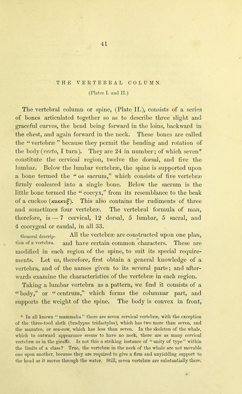 THE VERTEBEAL COLUMN. (Plates I. and II.) The vertebral column or spine, (Plate II.), consists of a series of bones articulated together so as to describe three slight and graceful curves, the bend being forward in the loins, backward in the chest, and again forward in the neck. These bones are called the “ vertebrtje ” because they permit the bending and rotation of the body {verto, I turn). They are 24 in number; of which seven* constitute the cervical region, twelve the dorsal, and five the lumbar. Below the lumbar vertebra, the spine is supported upon a bone termed the “ os sacrum,” which consists of five vertebras firmly coalesced into a single bone. Below the sacrum is the little bone termed the “ coccyx,” from its resemblance to the beak of a cuckoo {kokkv^). This also contains the rudiments of three and sometimes four vertebrae. The vertebral formula of man, therefore, is—7 cervical, 12 dorsal, 5 lumbar, 5 sacral, and 4 coccygeal or caudal, in all 33. General descrip- All the vertebrae are constructed upon one plan, tion of a vertebra, and have certain common characters. These are modified in each region of the spine, to suit its special require- ments. Let us, therefore, first obtain a general knowledge of a vertebra, and of the names given to its several parts; and after- wards examine the characteristics of the vertebrae in each region. Taking a lumbar vertebra as a pattern, we find it consists of a “ body,” or “ centrum,” which forms the columnar part, and supports the weight of the sj)ine. The body is convex in front, * In aU known “ mammalia” there are seven cervical vertebrae, with the exception of the three-toed sloth (bradypus tridactyliis), which has two more than seven, and the manatee, or sea-cow, which has less than seven. In the skeleton of the whale, which to outward appearance seems to have no neck, there are as many cervical vertebrae as in the giraffe. Is not this a striking instance of “ unity of type” within the limits of a class ? True, the vertebrae in the neck of the whale are not movable one upon another, becaiise they are required to give a firm and unyielding support to the head as it moves through the water. Still, seven vertebrae are substantially there.