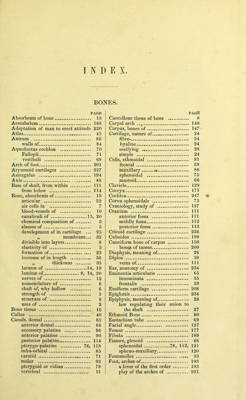 BONES. PAGE Absorbents of bone 13 Acetabulum 166 Adaptation of man to erect attitude 220 Atlas 45 Antrum 86 walls of. 84 Aqueductus cochleas 70 Fallopii 71 vestibuli 69 Arch of foot 201 Aiytenoid cartilages 227 Astragalus 194 Axis 46 Base of skull, from within Ill from below 114 Bone, absorbents of 13 articular 22 air cells in 7 blood-vessels of 10 canaliculi of 15, 20 chemical composition of 3 classes of 5 development of in cartilage ... 25 „ membrane...- 32 divisible into layers 8 elasticity of 5 formation of 23 increase of in length 36 „ thickness 35 lacunsE of 14, 19 lamince of. 8, 14, 20 nerves of 12 nomenclature of 6 shaft of, why hollow 6 strength of 5 structure of 6 uses of 2 Bone tissue 16 Callus 40 Canals, dental 85 anterior dental 86 accessory palatine 96 anterior palatine 90 posterior palatine 114 pterygo-palatine 76, 118 infra-orbital 85 carotid 71 malar 92 pterygoid or vidian 79 vertebral 51 page Cancellous tissue of bone 8 Carpal arch .., 148 Carpus, bones of 147 Cartilage, nature of 24 fibro- 24 hyaline 24 ossifying 28 simple 24 Cells, ethmoidal 81 frontal 59 maxillary 86 sphenoidal 75 mastoid 66 Clavicle 129 Coccyx 171 Cochlea 247 ■« Cornu sphenoidale 75 Craniology, study of 127 Cranium HI anterior fossa Ill middle fossa 112 posterior fossa 113 Cricoid cartilage 226 Cuboides 199 Cuneiform bone of carpus 150 bones of tarsus 200 Diaphysis, meaning of. 26 Diploe 59 veins of. Ill Ear, anatomy of 234 Eminentia articularis 65 innominata 55 frontalis 59 Ensiform cartilage 208 Epiglottis 234 Epiphysis, meaning of. 26 law regulating their union to the shaft 27 Ethmoid Bone 80 Eustachian tube 69 Facial angle 127 Femur 177 Fibula 189 Fissure, glenoid 66 sphenoidal 78, 112, 121 spheno-maxillary 120 Fontanelles 33 Foot, arches of 193 a lever of the first order 193 play of the arches of 201