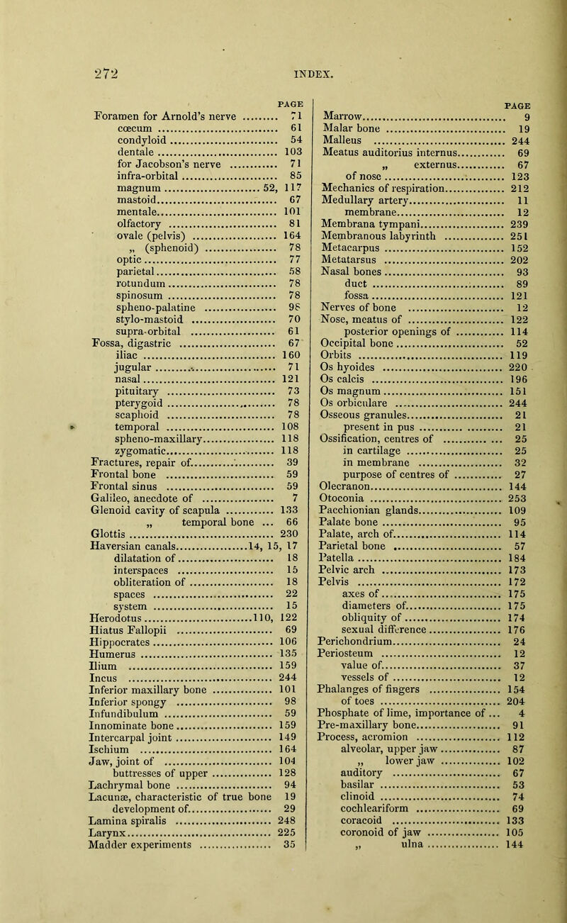 PAGE Foramen for Arnold’s nerve 71 coecum 61 condyloid 54 dentale 103 for Jacobson’s nerve 71 infra-orbital 85 magnum 52, 117 mastoid 67 mentale 101 olfactory 81 ovale (pelvis) 164 „ (sphenoid) 78 optic 77 parietal 58 rotundum 78 spinosum 78 spheno-palatine 98 stylo-mastoid 70 supra-orbital 61 Fossa, digastric 67 iliac 160 jugular 71 nasal 121 pituitary 73 pterygoid 78 scaphoid 78 temporal 108 spheno-maxillary 118 zygomatic 118 Fractures, repair of. '. 39 Frontal bone 59 Frontal sinus 59 Galileo, anecdote of 7 Glenoid cavity of scapula 133 „ temporal bone ... 66 Glottis 230 Haversian canals 14, 15, 17 dilatation of 18 interspaces 15 obliteration of 18 spaces 22 system 15 Herodotus 110, 122 Hiatus Fallopii 69 Hippocrates 106 Humerus 135 Ilium 159 Incus 244 Inferior maxillary bone 101 Inferior spongy 98 Infundibulum 59 Innominate bone 159 Intercarpal joint 149 Ischium 164 Jaw, joint of 104 buttresses of upper 128 Lachrymal bone 94 Lacunae, characteristic of true bone 19 development of. 29 Lamina spiralis 248 Larynx 225 Madder experiments 35 PAGE Marrow 9 Malar bone 19 Malleus 244 Meatus auditorius internus 69 „ externus 67 of nose 123 Mechanics of respiration 212 Medullary artery 11 membrane 12 Membrana tympani 239 Membranous labyrinth 251 Metacarpus 152 Metatarsus 202 Nasal bones 93 duct 89 fossa 121 Nerves of bone 12 Nose, meatus of 122 posterior openings of 114 Occipital bone 52 Orbits 119 Os hyoides 220 Os calcis 196 Os magnum 151 Os orbieulare 244 Osseous granules 21 present in pus 21 Ossification, centres of 25 in cartilage 25 in membrane 32 purpose of centres of 27 Olecranon 144 Otoconia 253 Pacchionian glands 109 Palate bone 95 Palate, arch of. 114 Parietal bone 57 Patella 184 Pelvic arch 173 Pelvis 172 axes of 175 diameters of. 175 obliquity of 174 sexual difference 176 Perichondrium 24 Periosteum 12 value of. 37 vessels of 12 Phalanges of fingers 154 of toes 204 Phosphate of lime, importance of ... 4 Pre-maxillary bone 91 Process, acromion 112 alveolar, upper jaw 87 „ lower jaw 102 auditory 67 basilar 53 clinoid 74 cochleariform 69 coracoid 133 coronoid of jaw 105 „ ulna 144