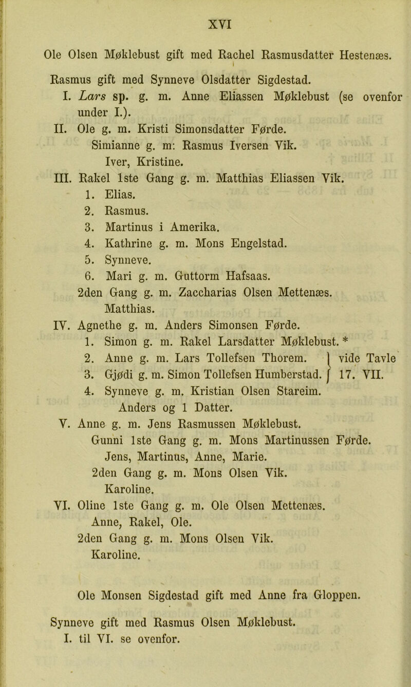 Ole Olsen Møklebust gift med Rachel Rasmusdatter Hestenæs. I Rasmus gift med Synneve Olsdatter Sigdestad. I. Lars sp. g. m. Anne Eliassen Møklebust (se ovenfor under I.). II. Ole g. m. Kristi Simonsdatter Førde. Simianne g. m: Rasmus Iversen Vik. Iver, Kristine. III. Rakel 1ste Gang g. m. Matthias Eliassen Vik. 1. Elias. 2. Rasmus. 3. Martinus i Amerika. 4. Kathrine g. m. Mons Engelstad. 5. Synneve. 6. Mari g. m. Guttorm Hafsaas. 2den Gang g. m. Zaccharias Olsen Mettenæs. Matthias. IV. Agnethe g. m. Anders Simonsen Førde. 1. Simon g. m. Rakel Larsdatter Møklebust.* 2. Anne g. m. Lars Tollefsen Thorem. vide Tavle 3. Gjødi g. m. Simon Tollefsen Humberstad. [ 17. VIL 4. Synneve g. m. Kristian Olsen Stareim. Anders og 1 Datter. V. Anne g. m. Jens Rasmussen Møklebust. Gunhi 1ste Gang g. m. Mons Martinussen Førde. Jens, Martinus, Anne, Marie. 2den Gang g. m. Mons Olsen Vik. Karoline. VI. Oline 1ste Gang g. m. Ole Olsen Mettenæs. Anne, Rakel, Ole. 2den Gang g. m. Mons Olsen Vik. Karoline. Ole Monsen Sigdestad gift med Anne fra Gloppen. Synneve gift med Rasmus Olsen Møklebust. I. til VI. se ovenfor.