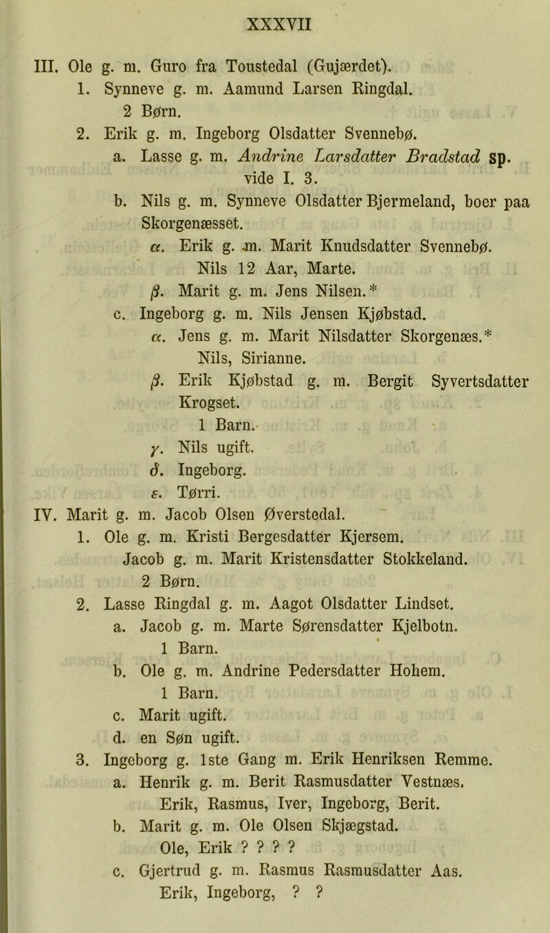 III. Ole g. m. Guro fra Toustedal (Gujærdet). 1. Synneve g. m. Aamimd Larsen Ringdal. 2 Børn. 2. Erik g. m. Ingeborg Olsdatter Svennebø. a. Lasse g. m. Andrine Larsdatter Bradstad sp. vide I. 3. b. Nils g. m. Synneve Olsdatter Bjermeland, boer paa Skorgenæsset. a. Erik g. jn. Marit Knudsdatter Svennebø. Nils 12 Aar, Marte. Marit g. m. Jens Nilsen. * c. Ingeborg g. m. Nils Jensen Kjøbstad. а. Jens g. m. Marit Nilsdatter Skorgenæs.* Nils, Sirianne. Erik Kjøbstad g. m. Bergit Syvertsdatter Krogset. 1 Barn. y. Nils ugift. б. Ingeborg. £. Tørri. IV. Marit g. m. Jacob Olsen Øverstedal. 1. Ole g. m. Kristi Bergesdatter Kjersein. Jacob g. m. Marit Kristensdatter Stokkeland. 2 Børn. 2. Lasse Kingdal g. in. Aagot Olsdatter Lindset. a. Jacob g. m. Marte Sørensdatter Kjelbotn. 1 Barn. b. Ole g. m. Andrine Pedersdatter Hohem. 1 Barn. c. Marit ugift. d. en Søn ugift. 3. Ingeborg g. 1ste Gang m. Erik Henriksen Remme. a. Henrik g. m. Berit Rasmusdatter Vestnæs. Erik, Rasmus, Iver, Ingeborg, Berit. b. Marit g. m. Ole Olsen Skjægstad. Ole, Erik ? ? ? ? c. Gjertrud g. m. Rasmus Rasmusdatter Aas. Erik, Ingeborg, ? ?